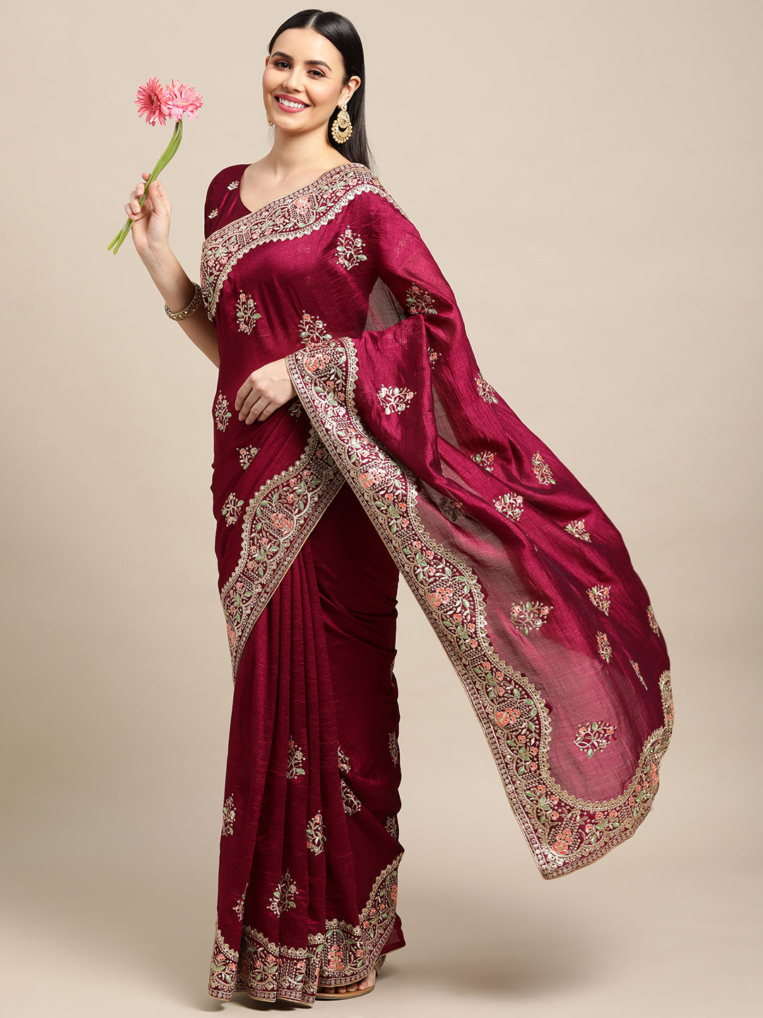 Purple Silk Blend Embroidered Designer Saree with Matching Blouse