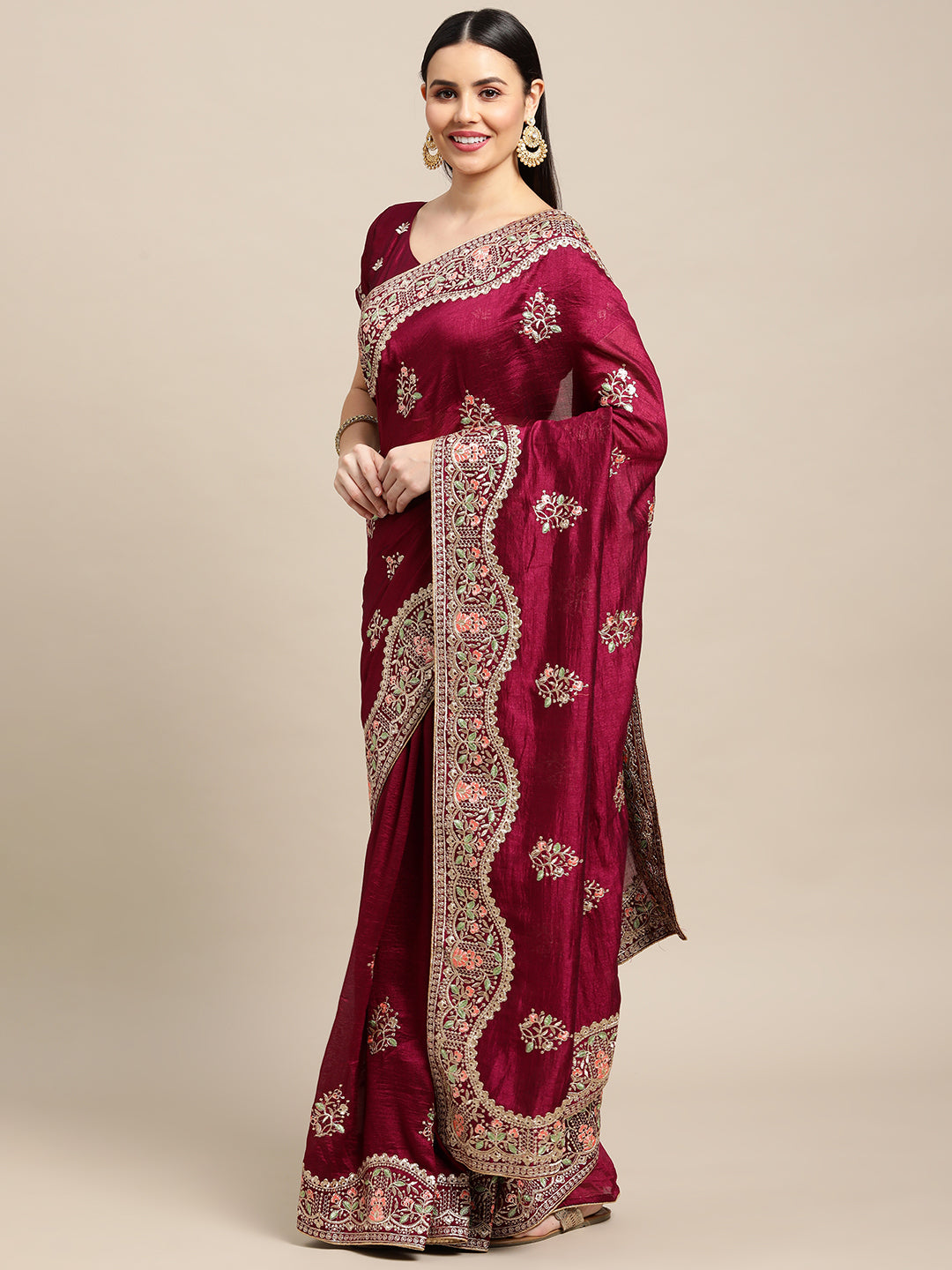 Purple Silk Blend Embroidered Designer Saree with Matching Blouse