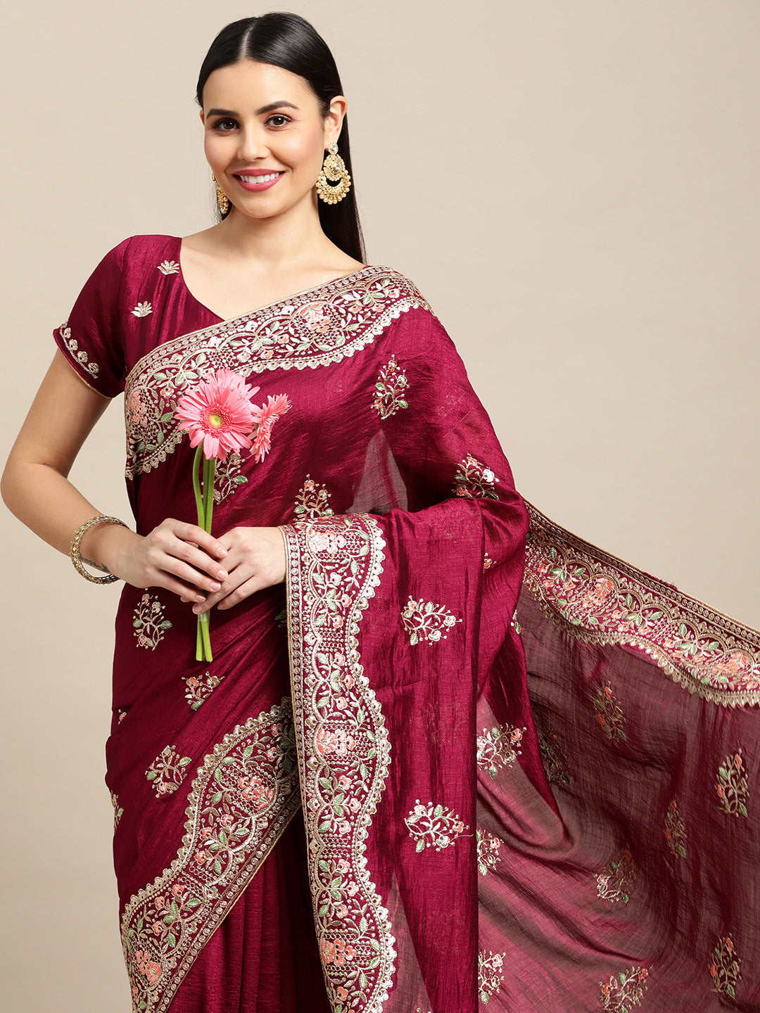 Purple Silk Blend Embroidered Designer Saree with Matching Blouse