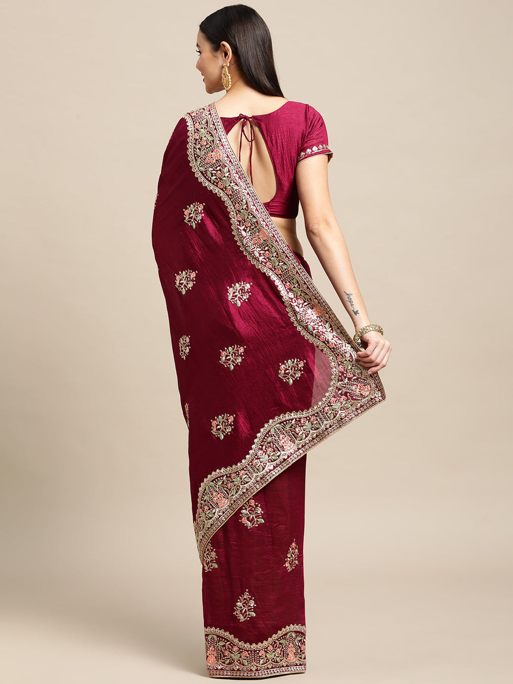 Purple Silk Blend Embroidered Designer Saree with Matching Blouse