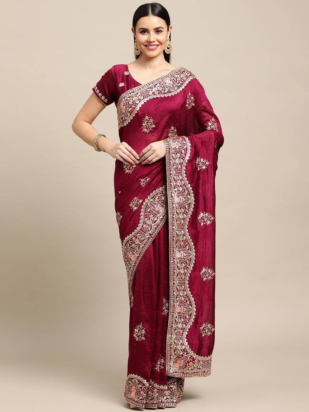 Purple silk blend designer saree with detailed embroidery and matching blouse