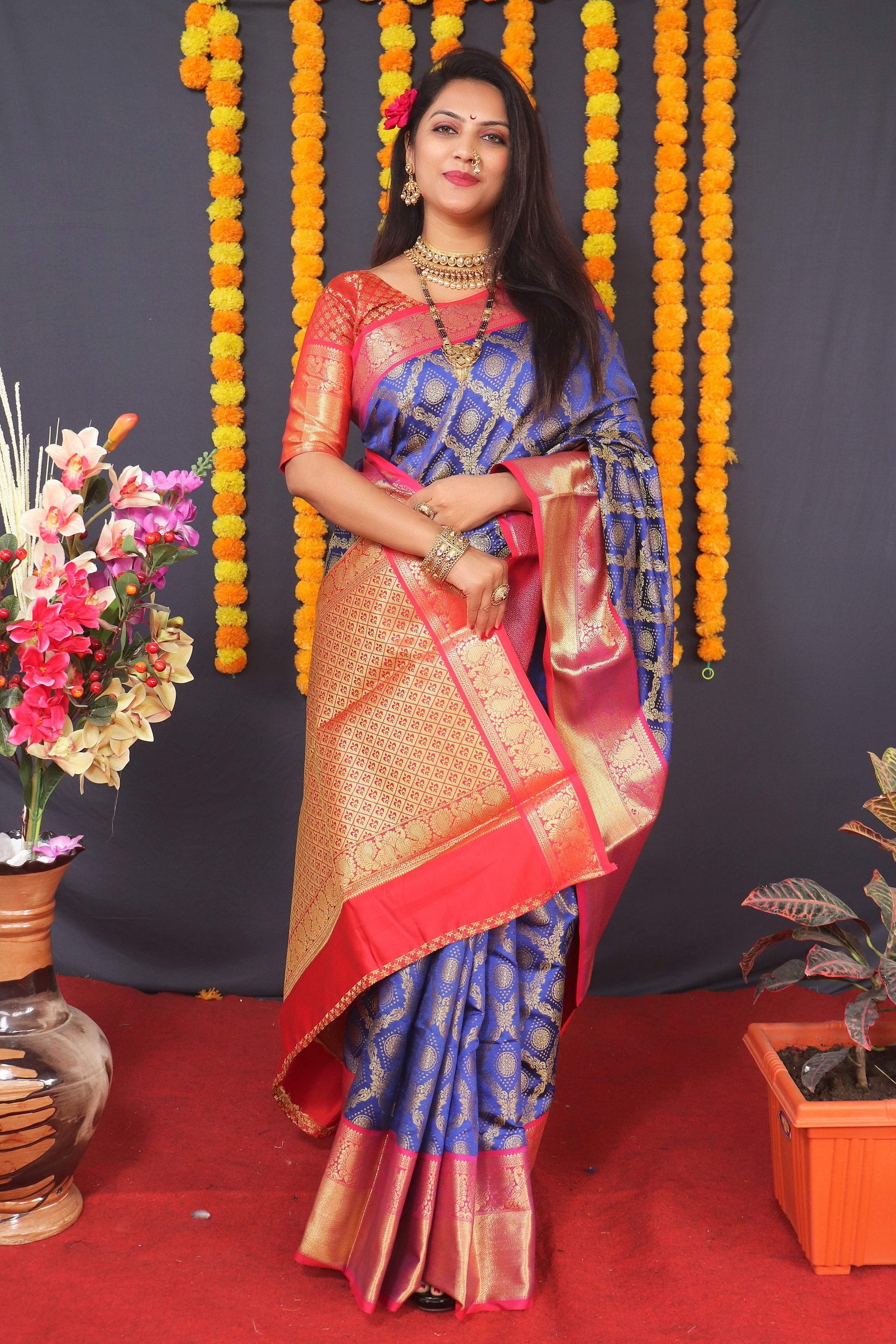 Blue Kanchipuram Silk Zari Woven Saree with Matching Blouse