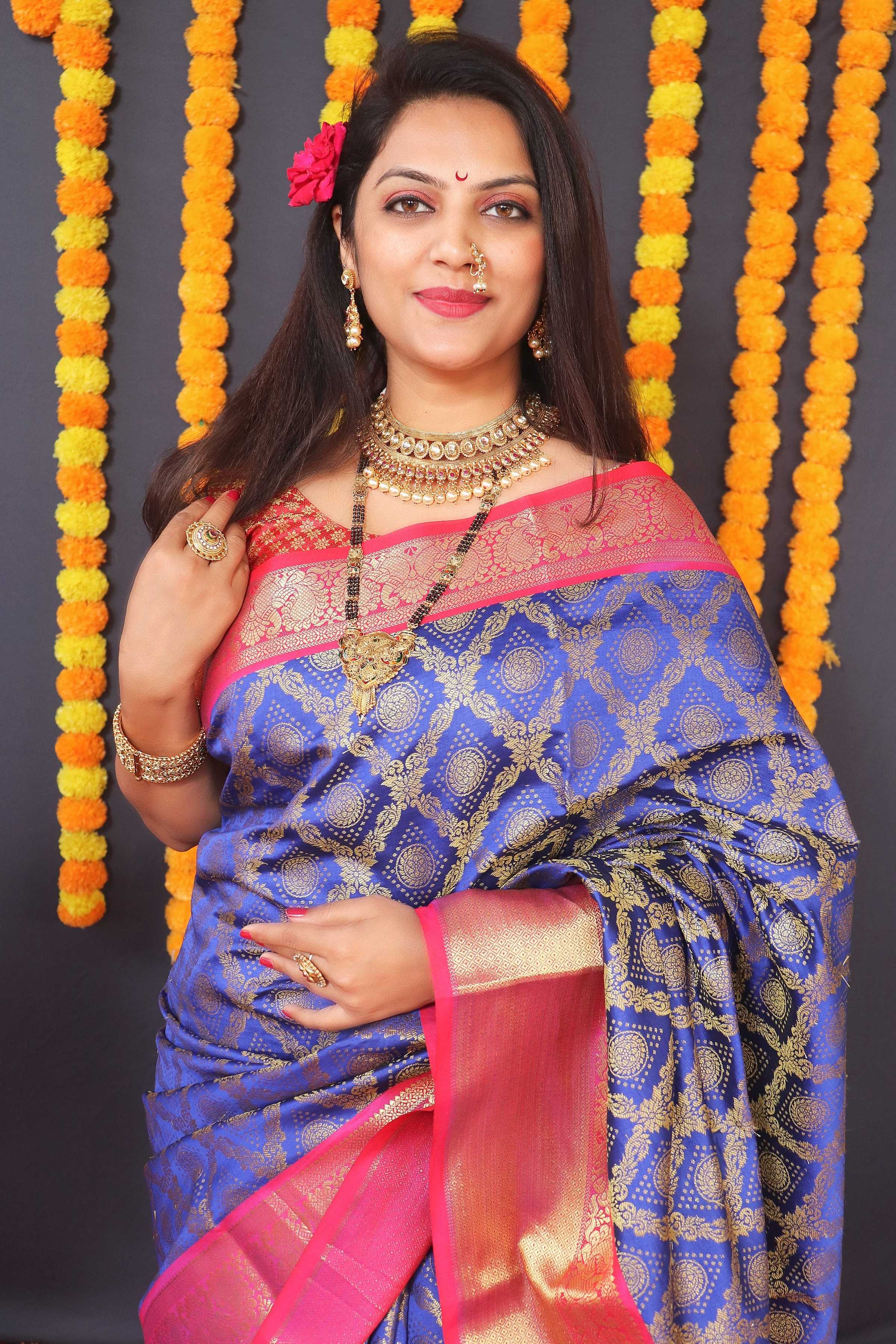 Blue Kanchipuram Silk Zari Woven Saree with Matching Blouse
