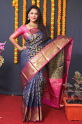 Navy Blue Kanchipuram Silk saree with ornate gold Zari woven border and matching blouse