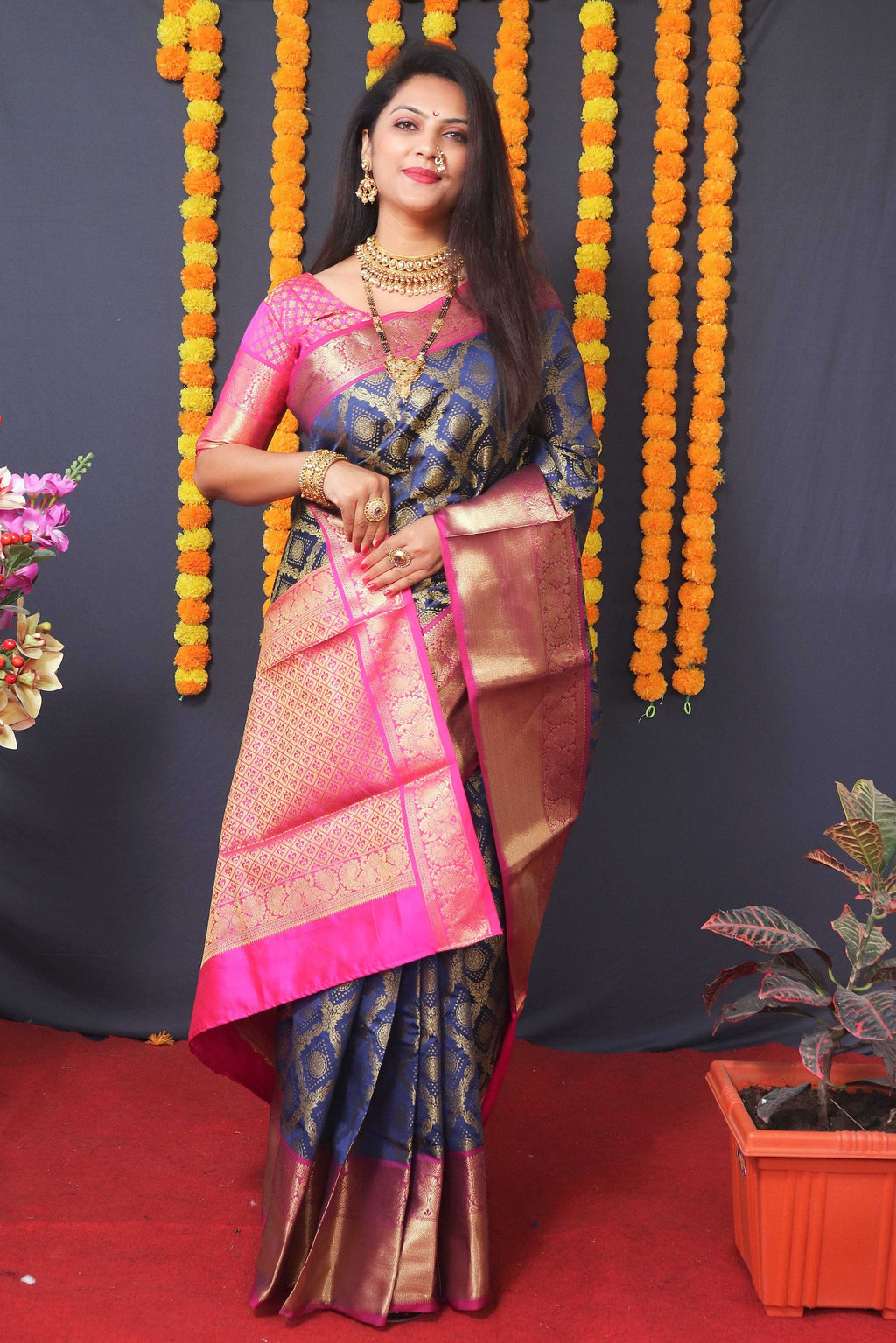 Navy Blue Kanchipuram Silk Saree with Zari Woven Border