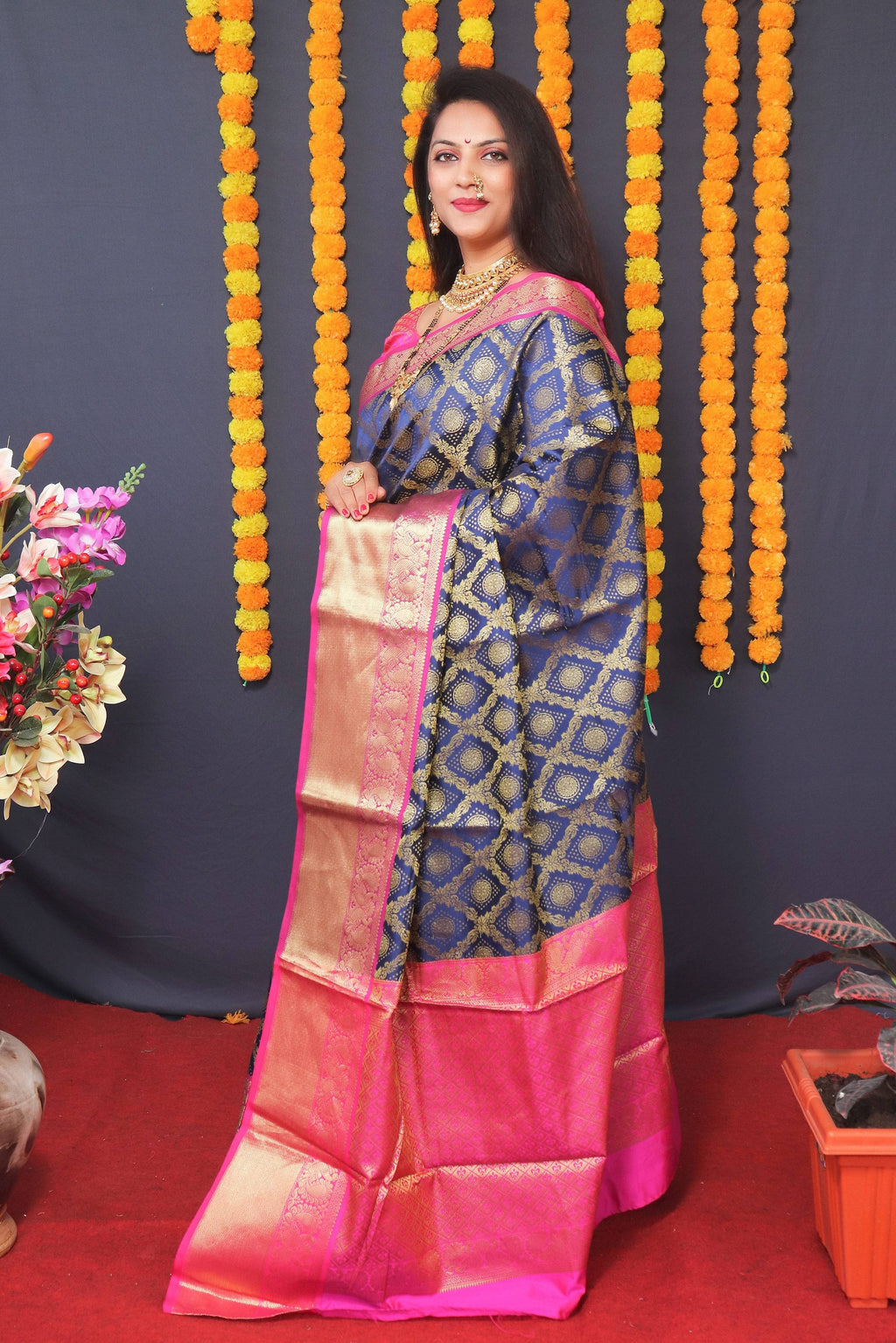 Navy Blue Kanchipuram Silk Saree with Zari Woven Border
