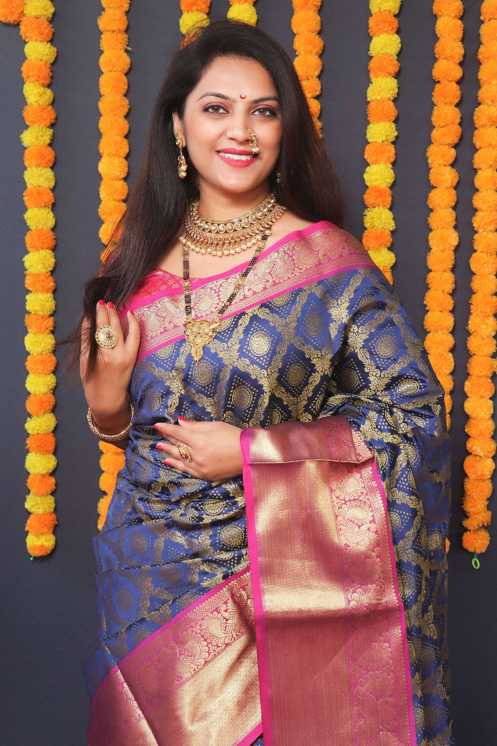 Navy Blue Kanchipuram Silk Saree with Zari Woven Border