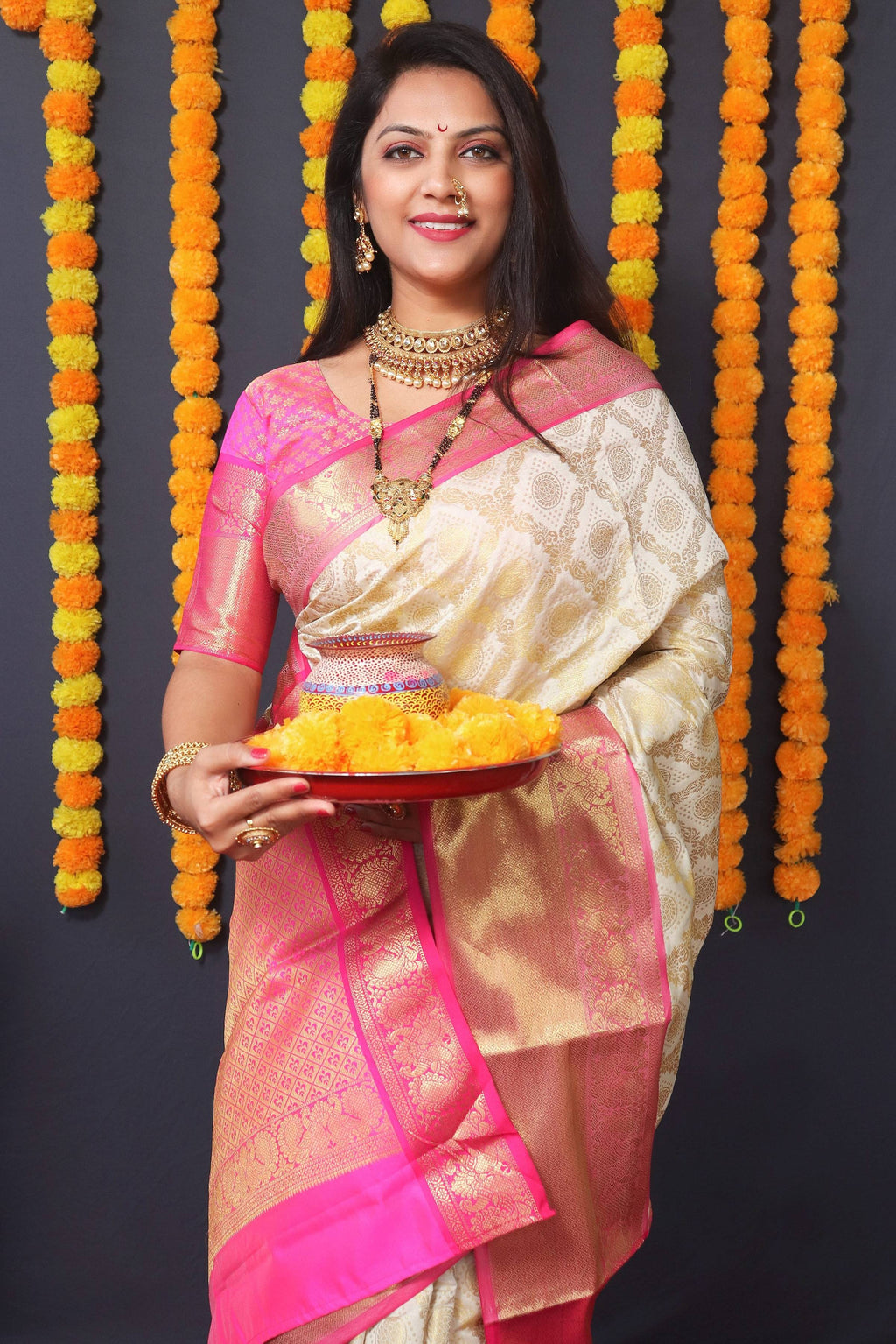 Off White Kanchipuram Silk Zari Woven Saree with Pink Blouse