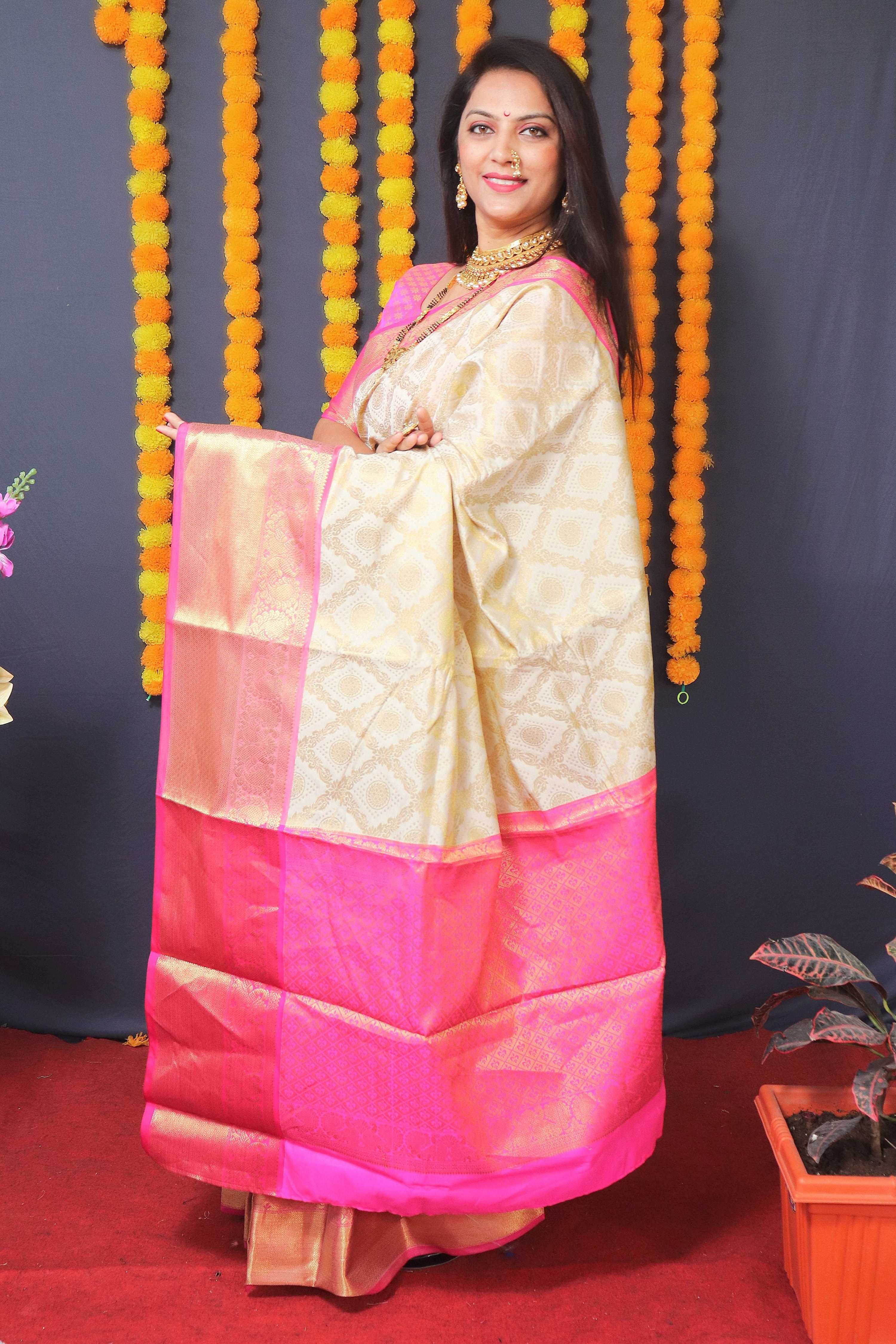 Off White Kanchipuram Silk Zari Woven Saree with Pink Blouse