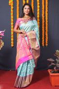 Sky blue Kanchipuram silk saree with metallic zari woven work