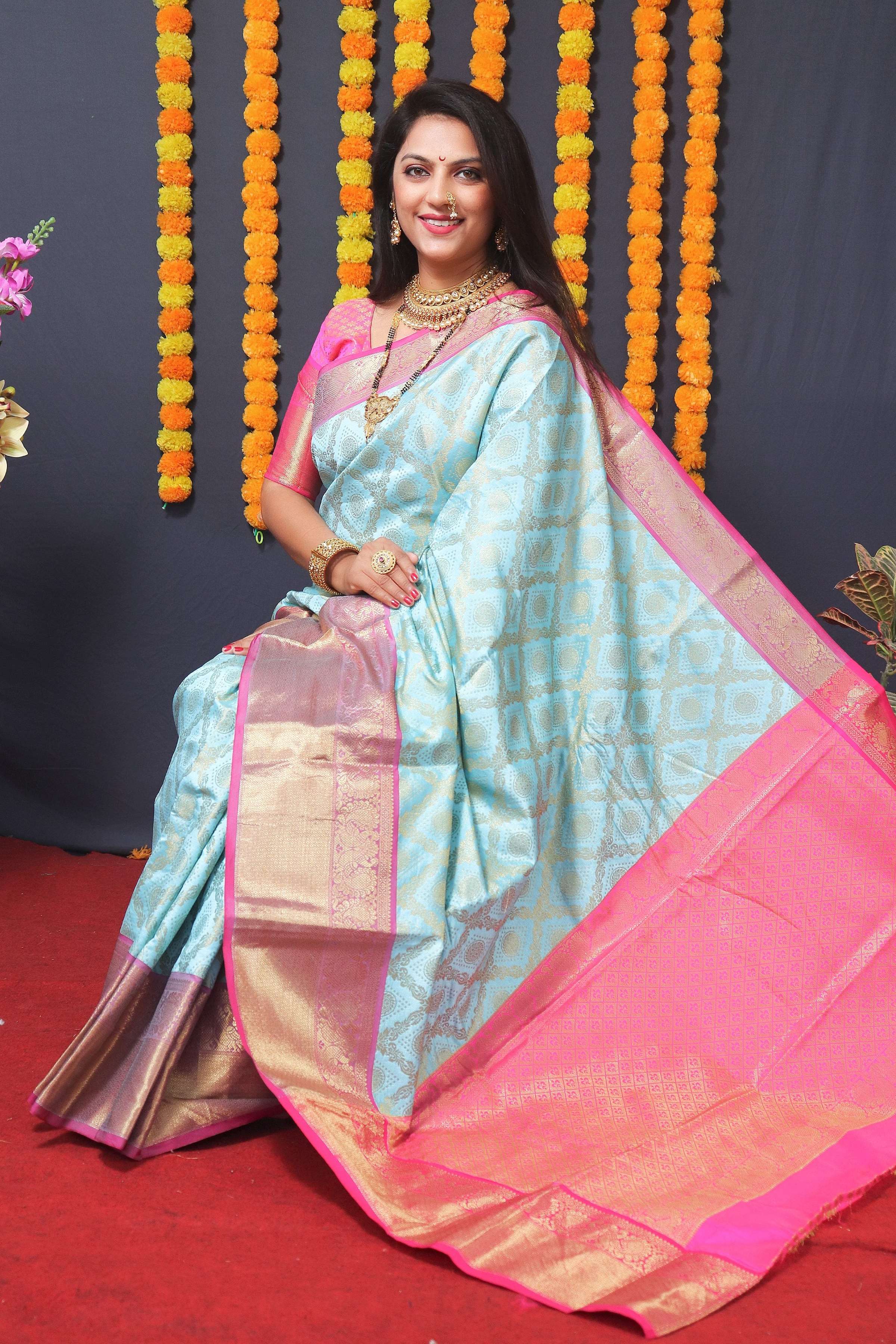 Sky Blue Kanchipuram Silk Saree with Zari Woven Detail