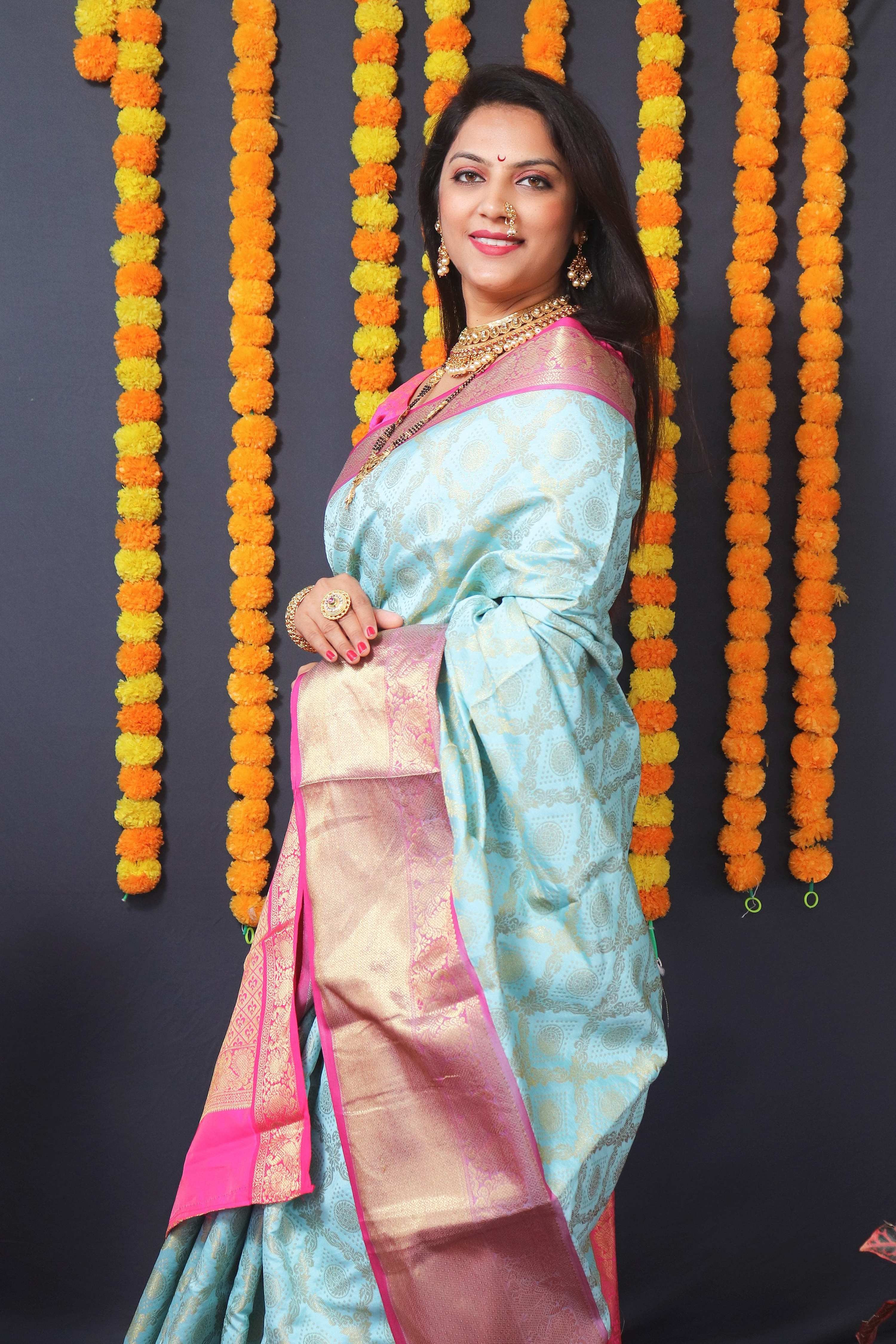 Sky Blue Kanchipuram Silk Saree with Zari Woven Detail