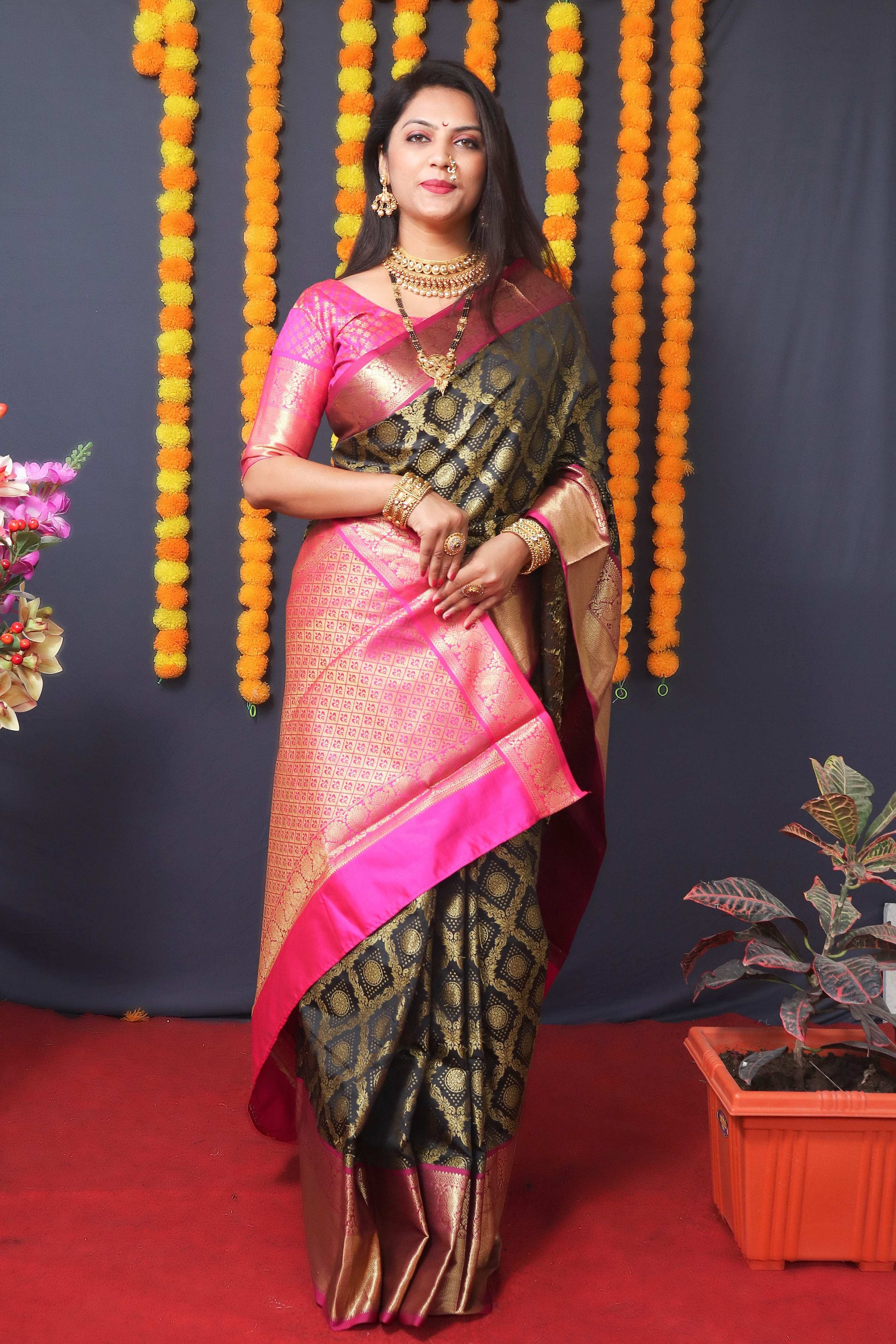 Black Kanchipuram Silk Saree with Zari Woven Detail and Blouse