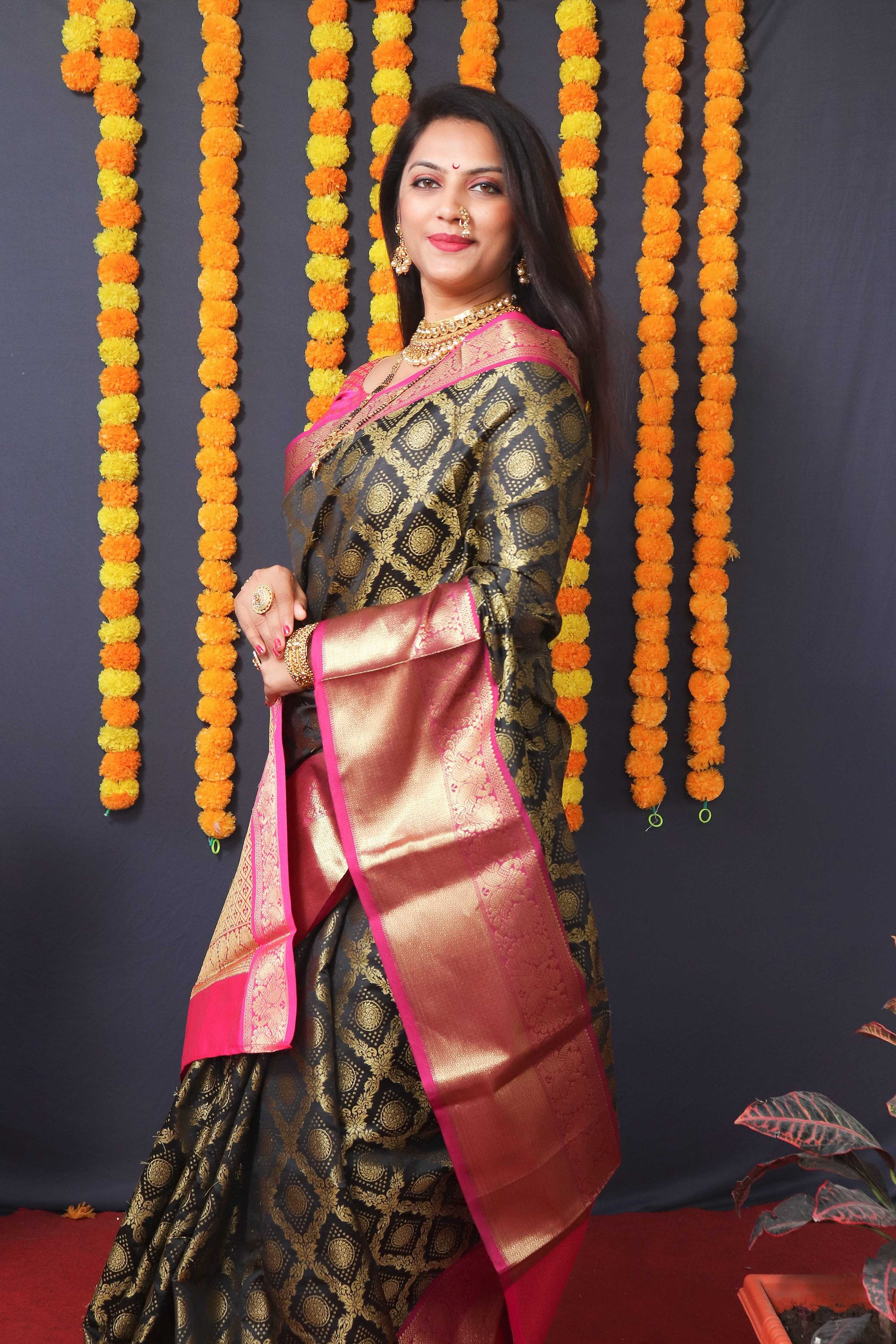 Black Kanchipuram Silk Saree with Zari Woven Detail and Blouse