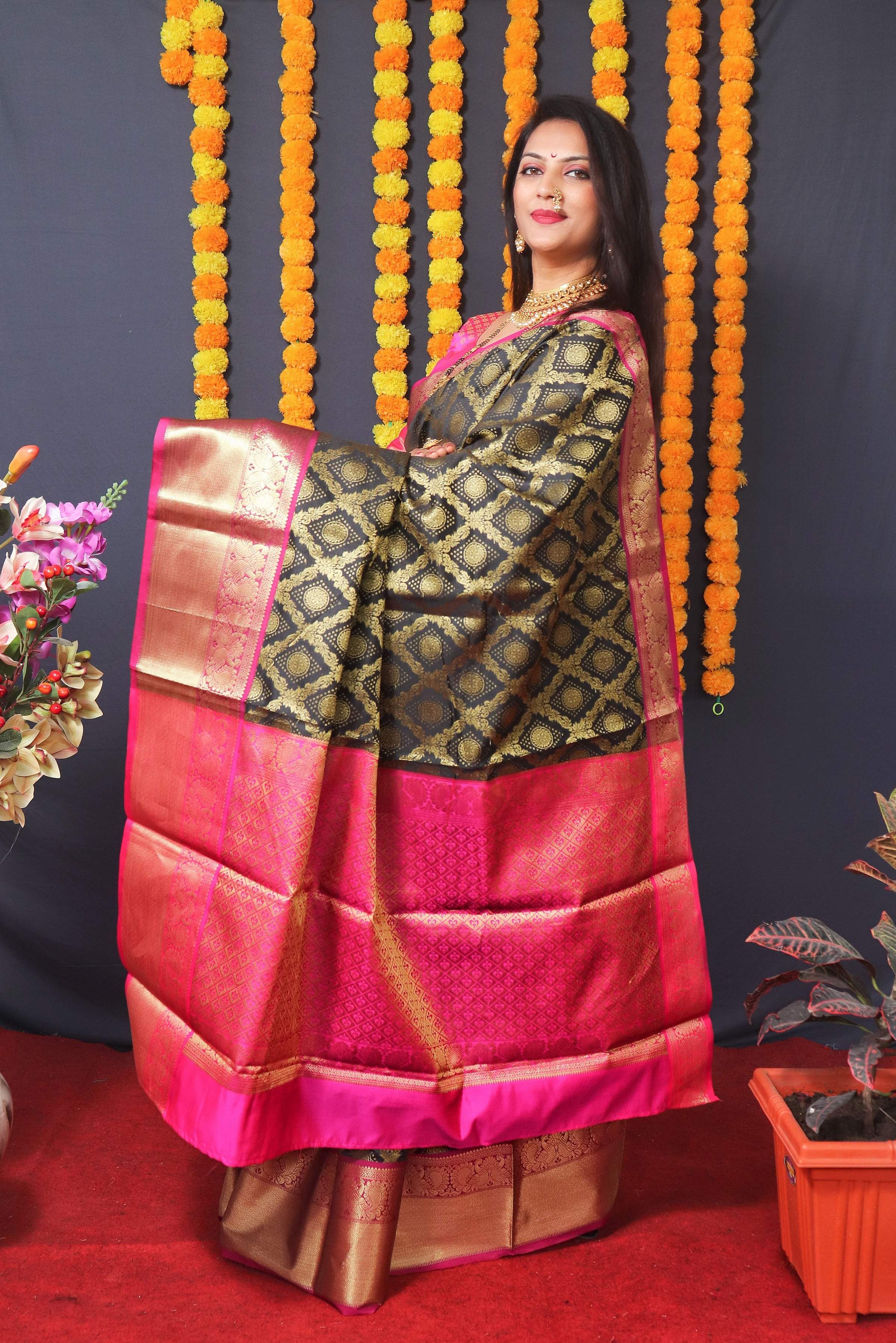 Black Kanchipuram Silk Saree with Zari Woven Detail and Blouse