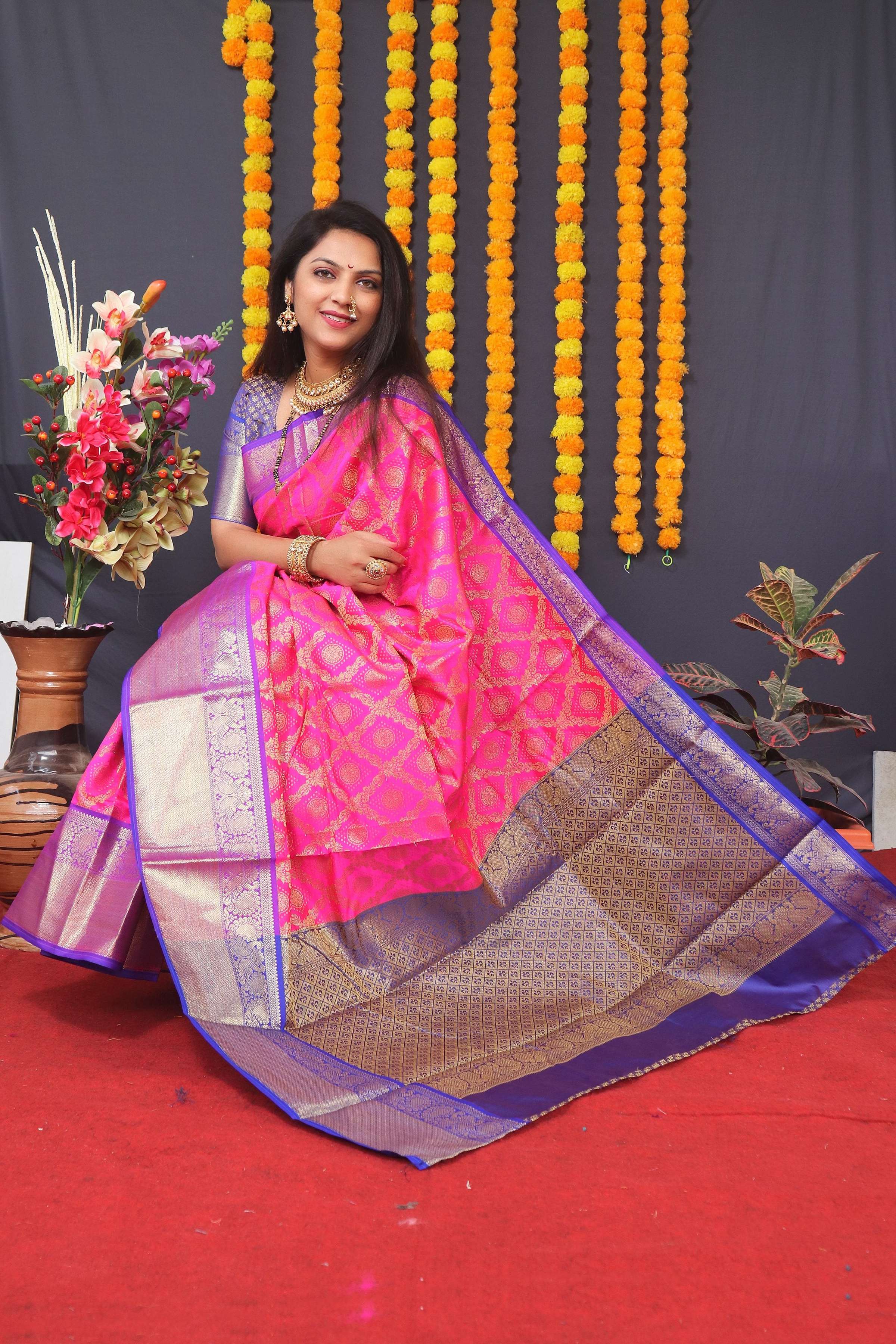 Pink Kanchipuram Silk Saree with Traditional Zari Woven Border