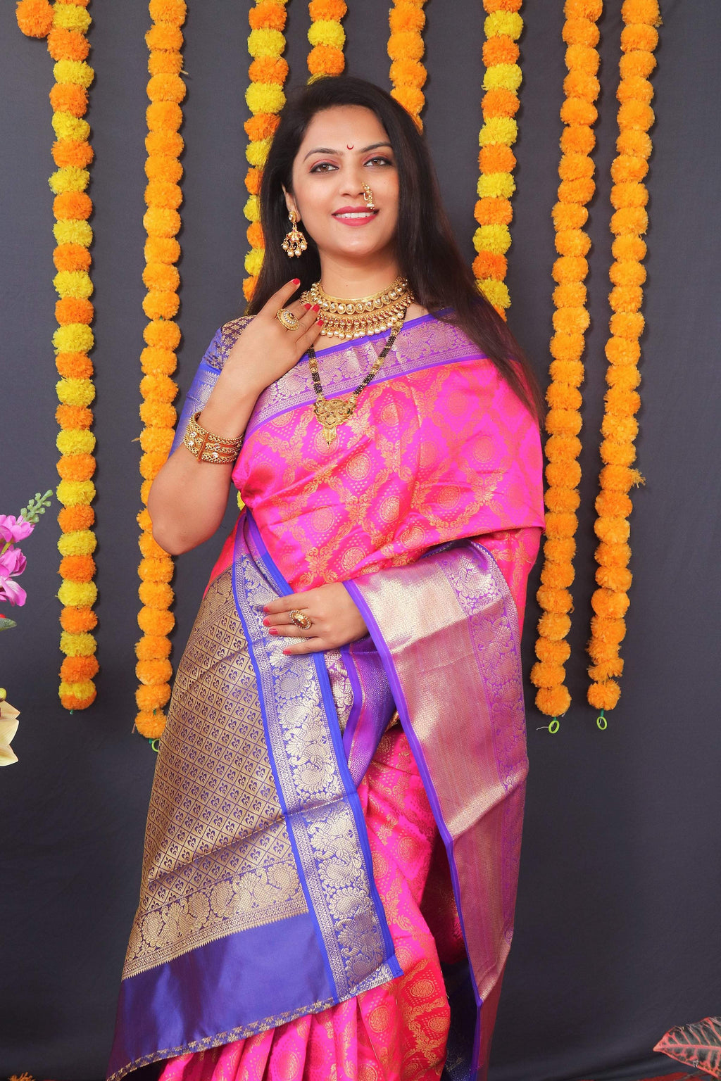 Pink Kanchipuram Silk Saree with Traditional Zari Woven Border