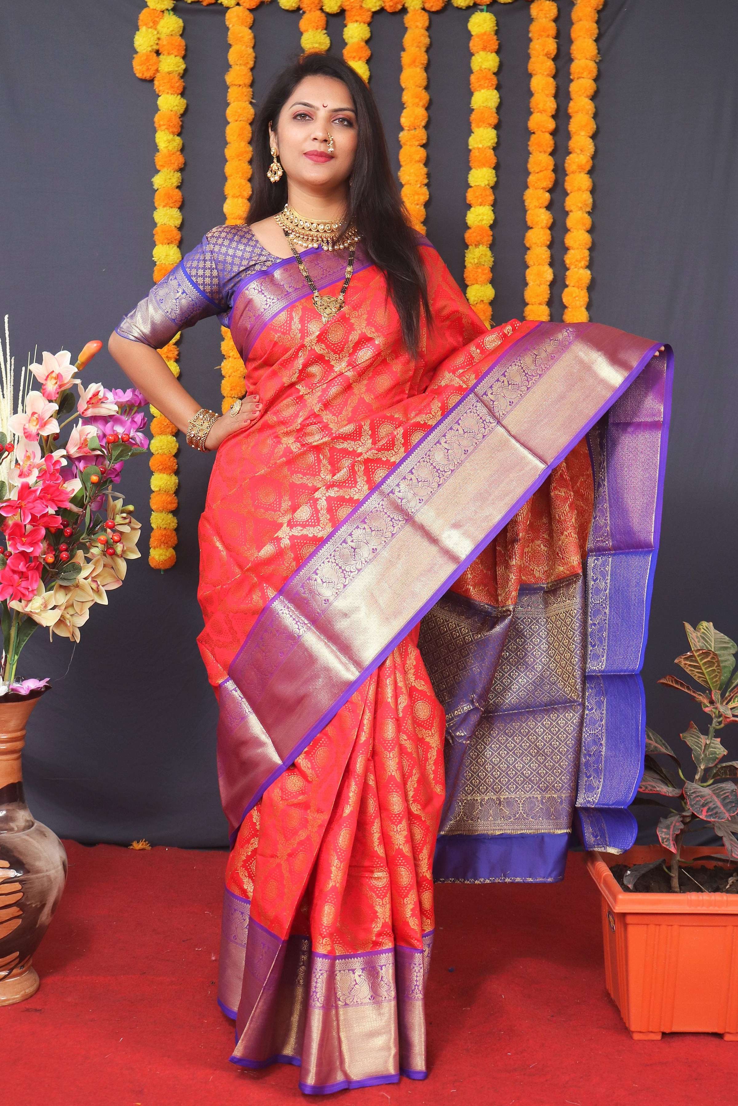 Women's Red Kanchipuram Silk Saree with Zari Woven Border