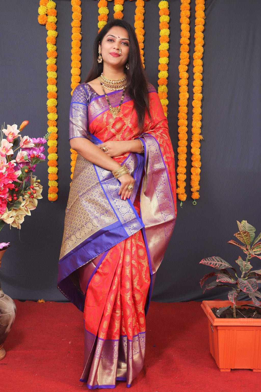 Women's Red Kanchipuram Silk Saree with Zari Woven Border