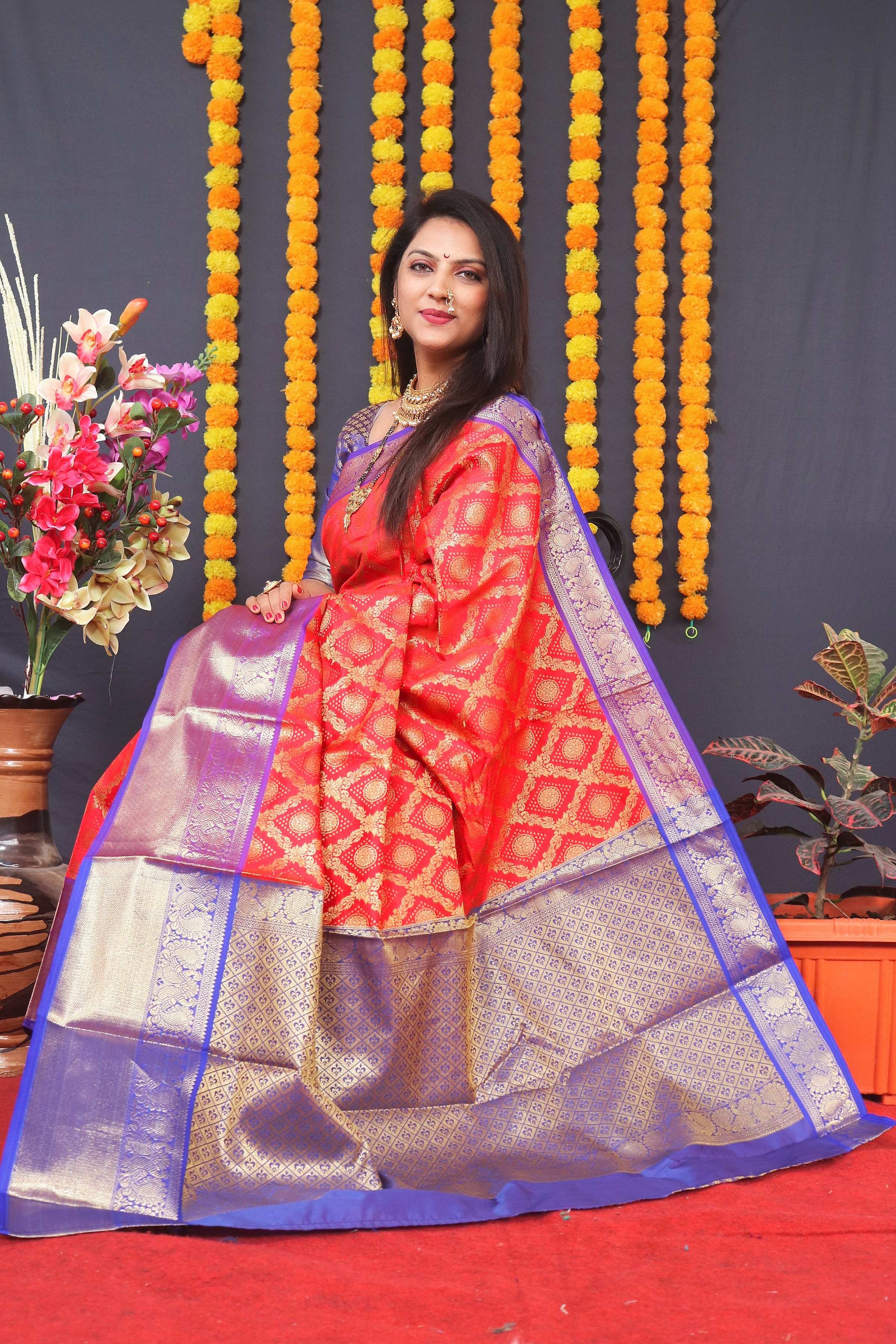 Women's Red Kanchipuram Silk Saree with Zari Woven Border
