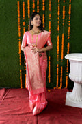 Peach handloom Banarasi silk saree with zari woven motifs and matching blouse