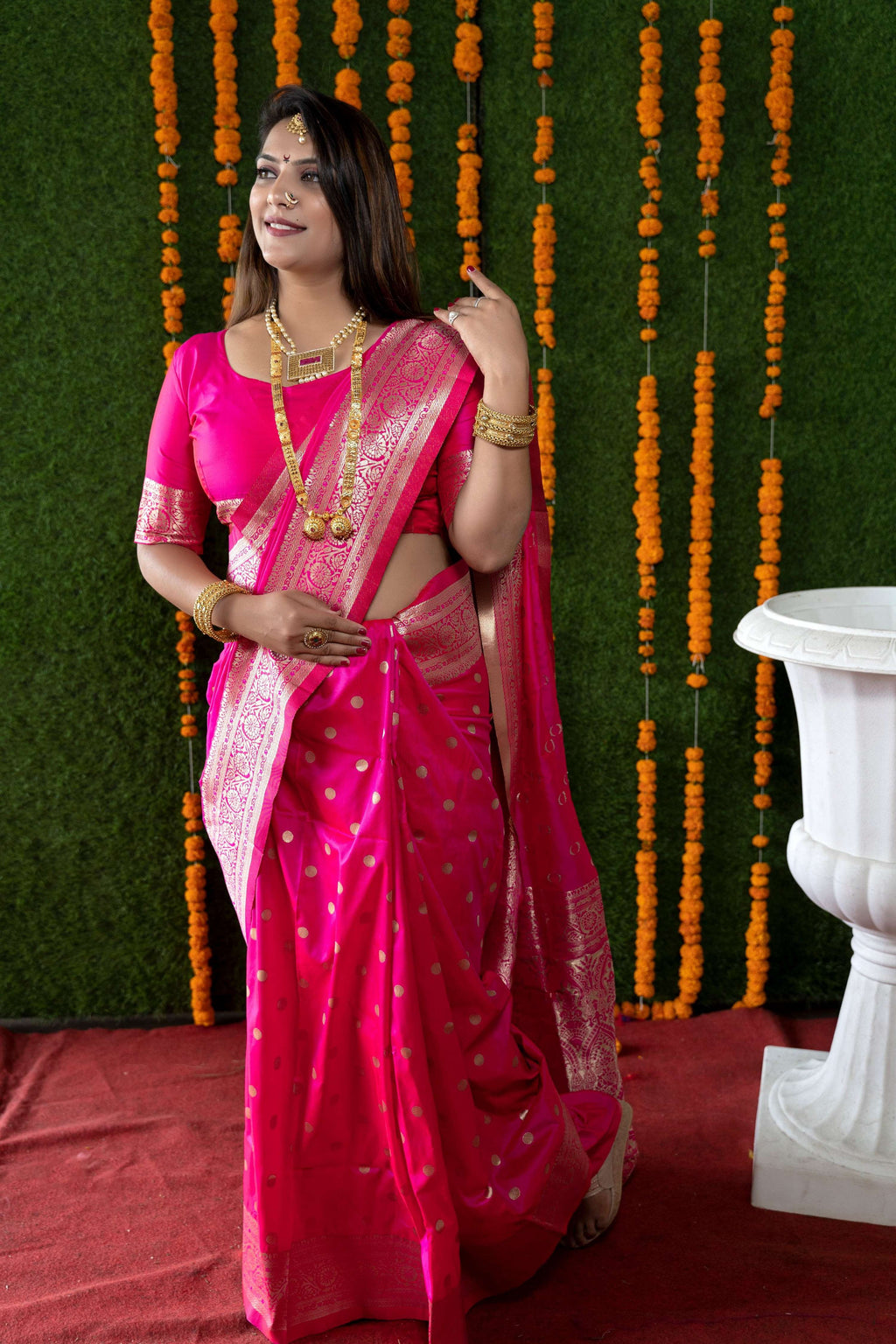 Rani Pink handloom Banarasi silk saree with Zari work and matching blouse