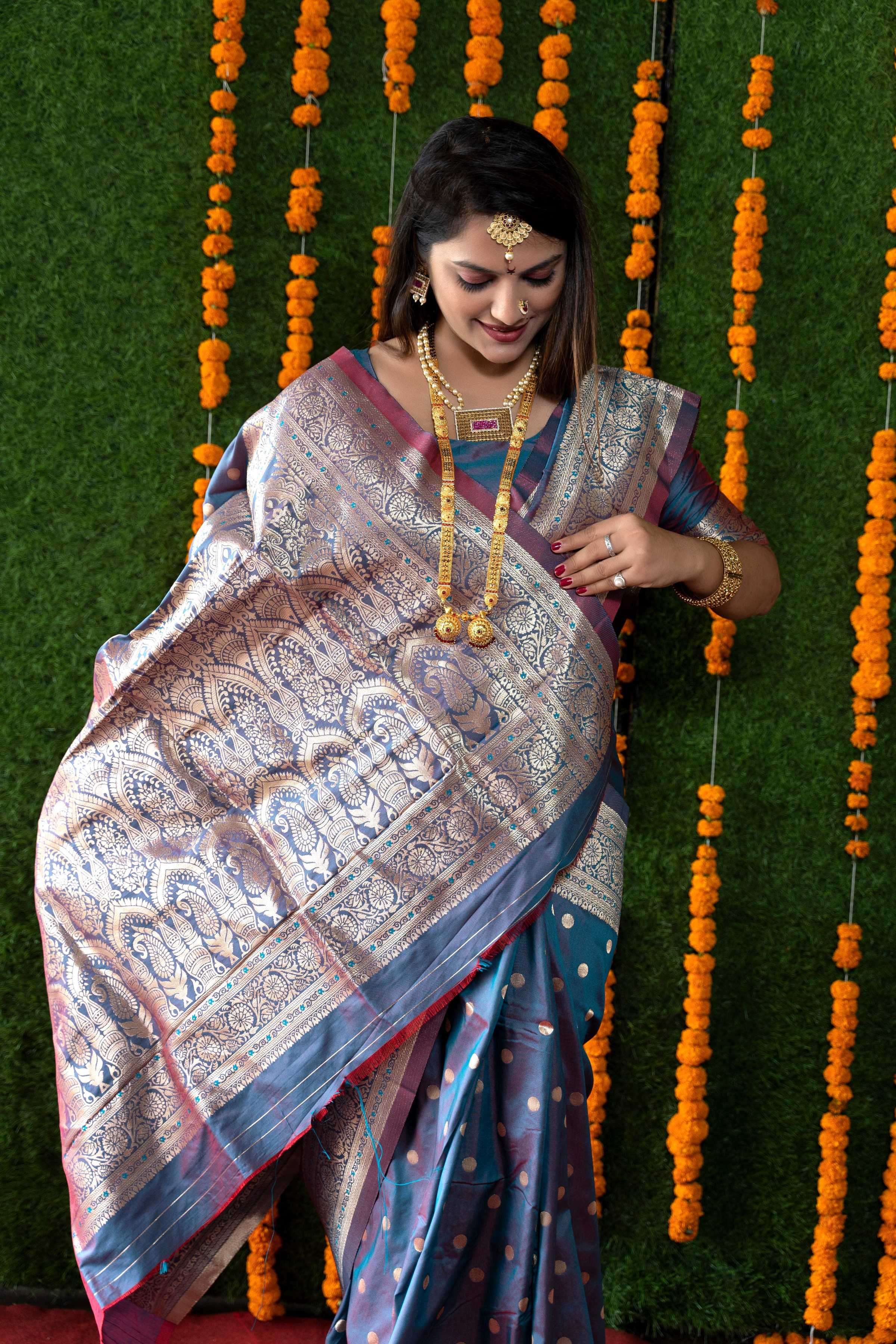 Grey Handloom Banarasi Silk Saree with Zari Woven Motifs