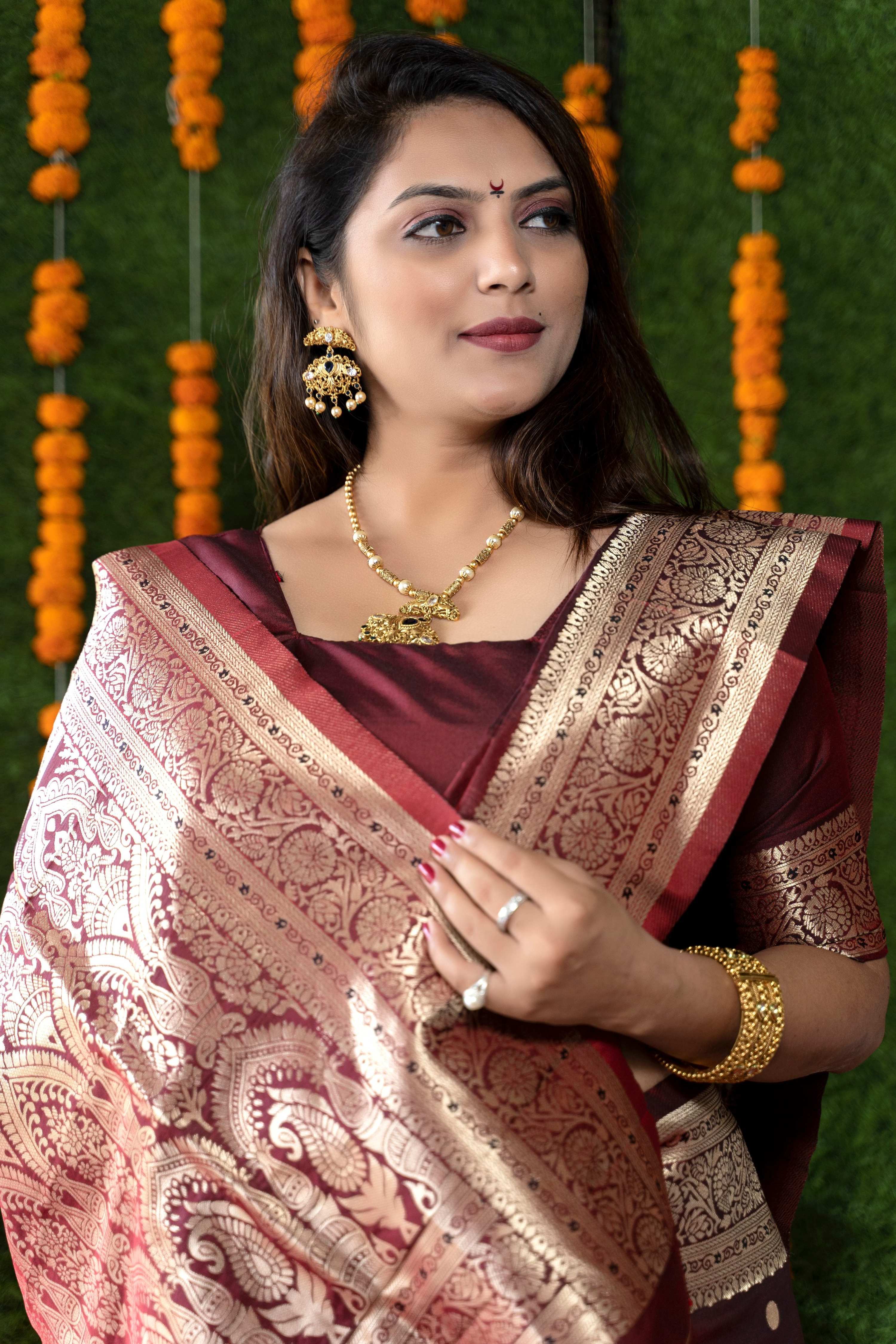 Women's Maroon Handloom Banarasi Silk Saree with Zari Work
