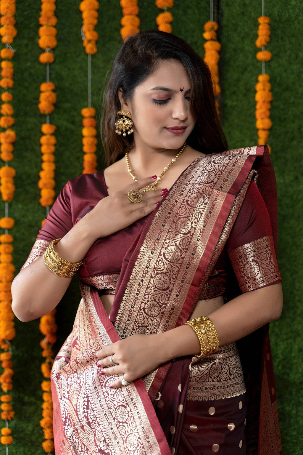 Women's Maroon Handloom Banarasi Silk Saree with Zari Work