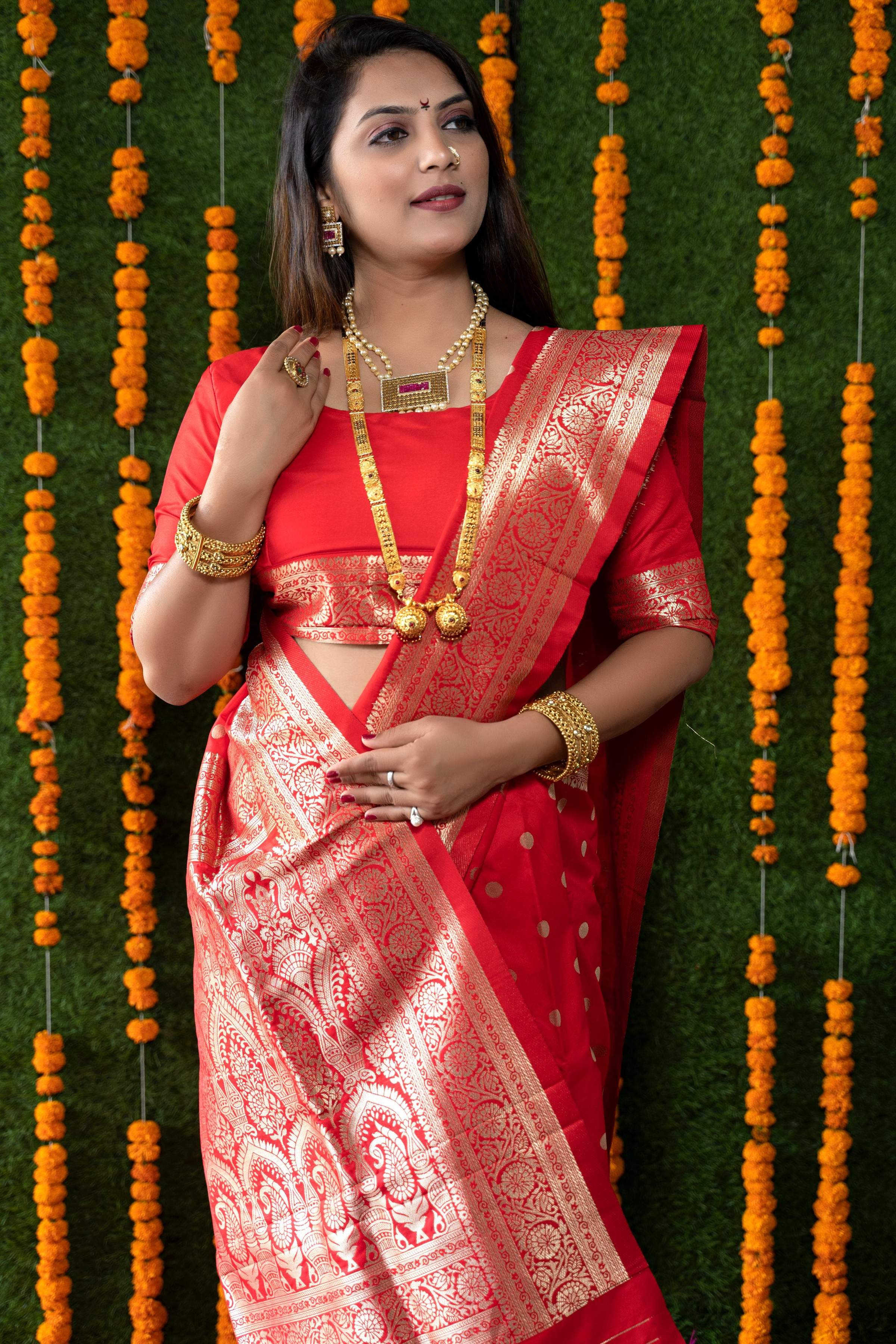 Red Handloom Banarasi Silk Saree with Zari Woven Border