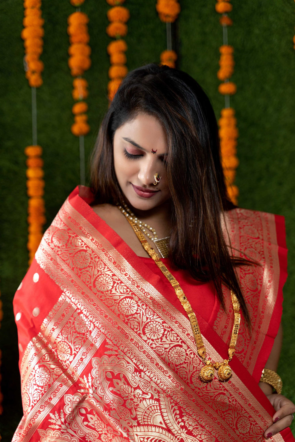 Red Handloom Banarasi Silk Saree with Zari Woven Border