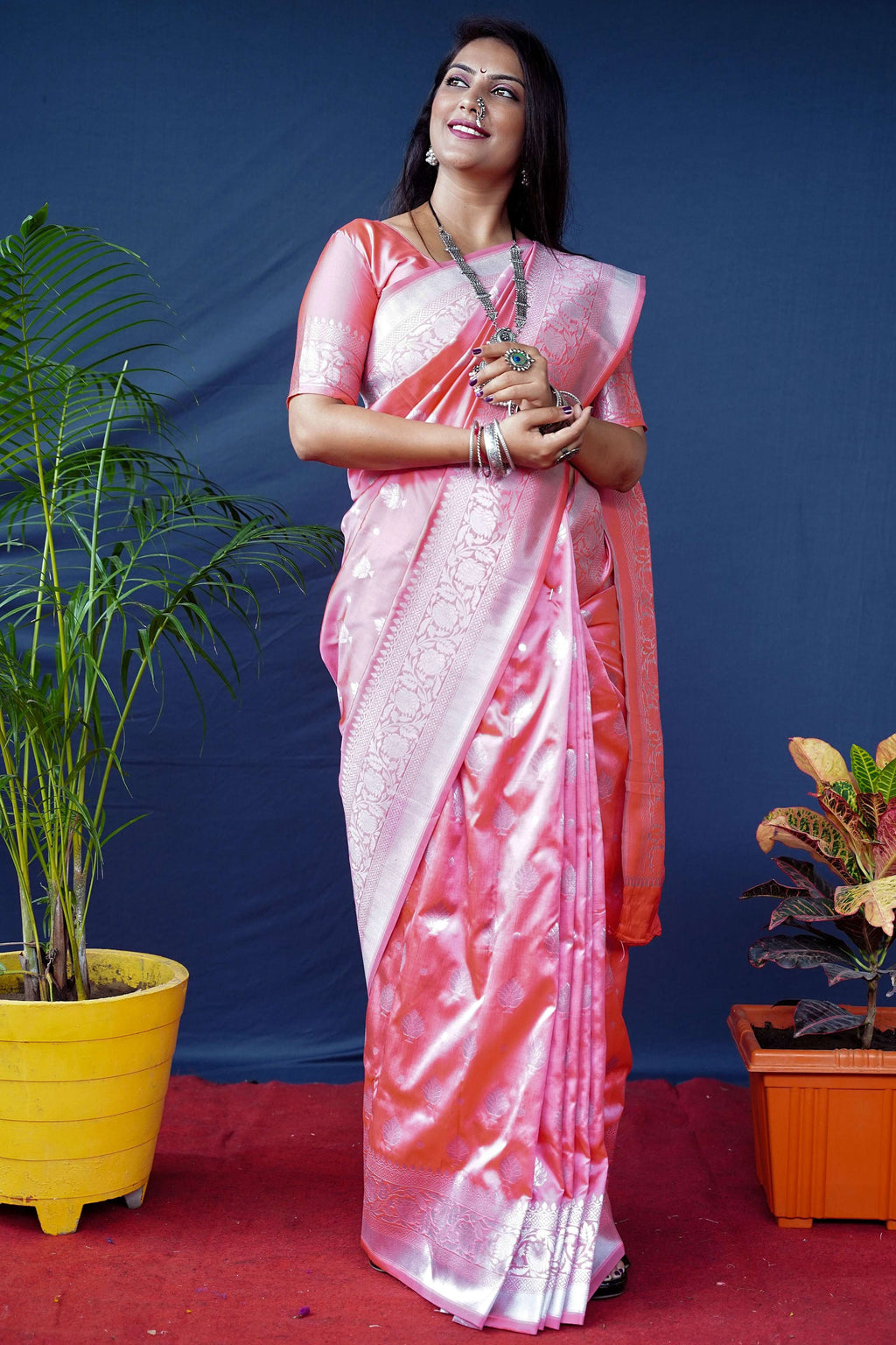 Peach soft Banarasi silk saree with Zari woven patterns and matching blouse