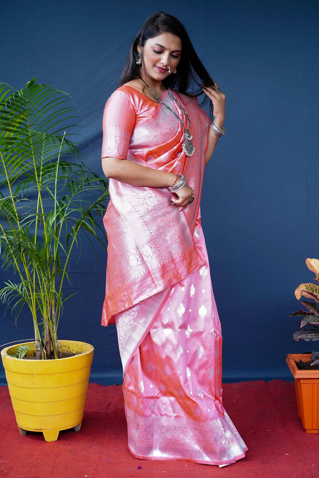 Women's Peach Soft Banarasi Silk Saree with Zari Woven Detail