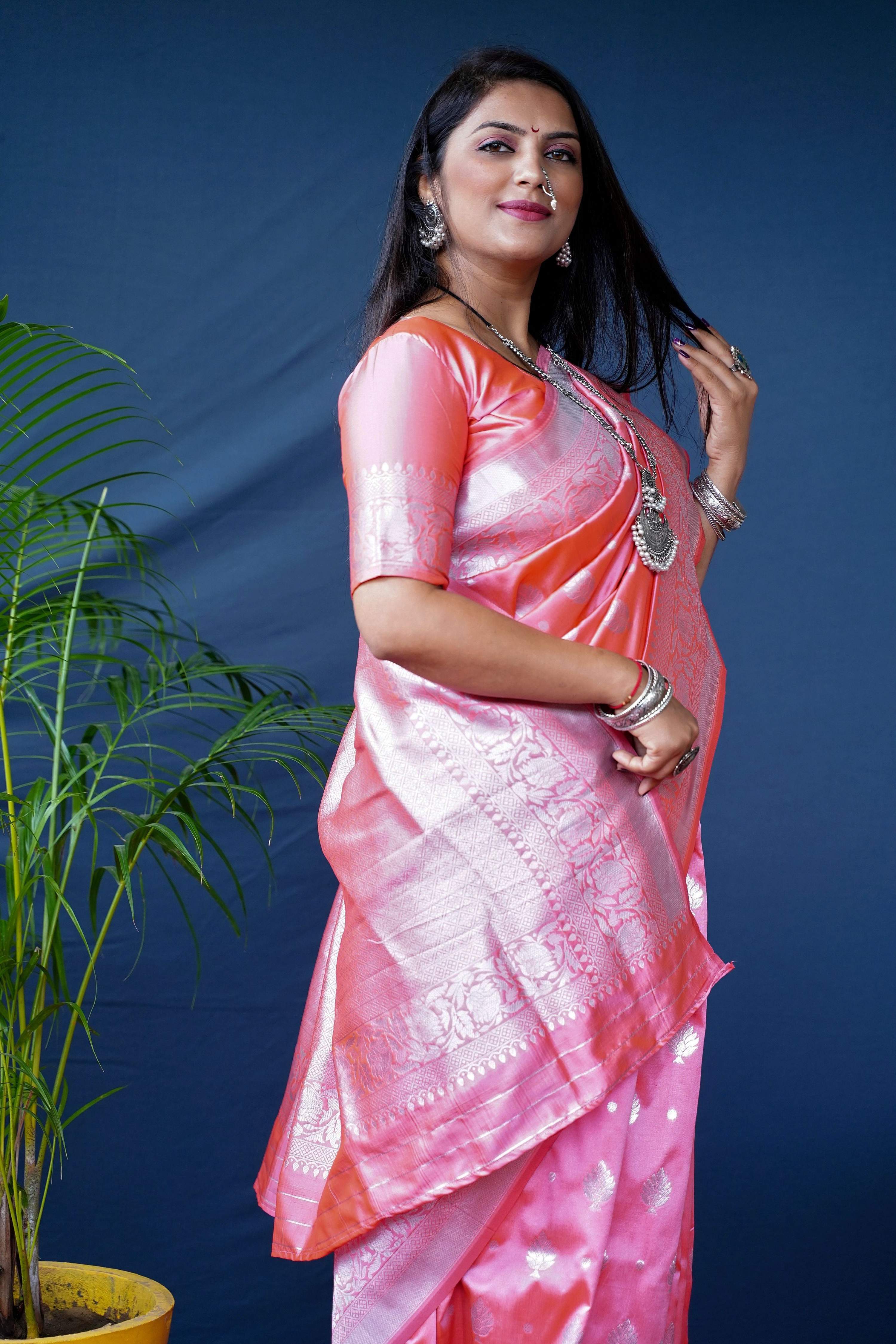 Women's Peach Soft Banarasi Silk Saree with Zari Woven Detail