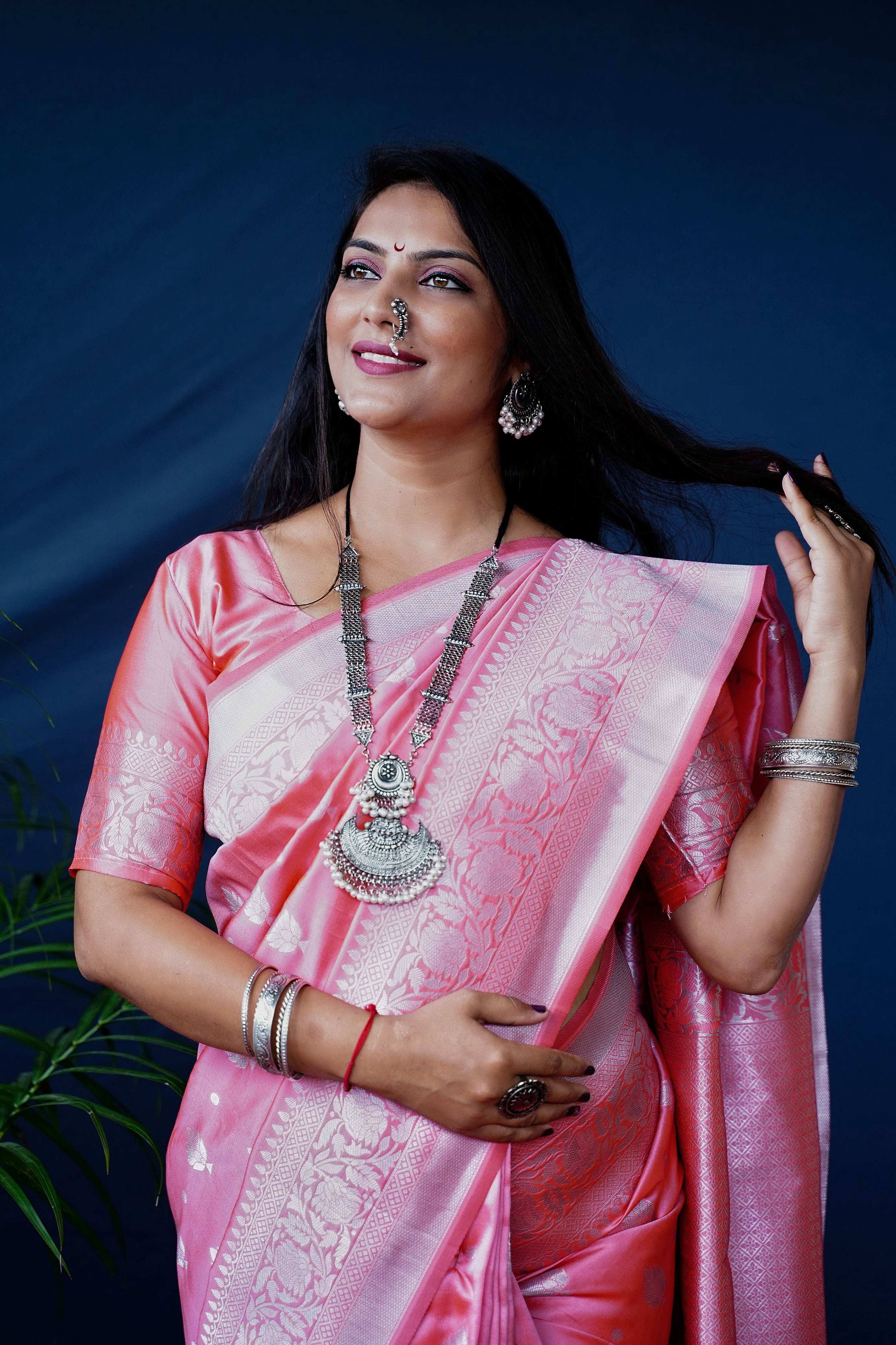 Women's Peach Soft Banarasi Silk Saree with Zari Woven Detail