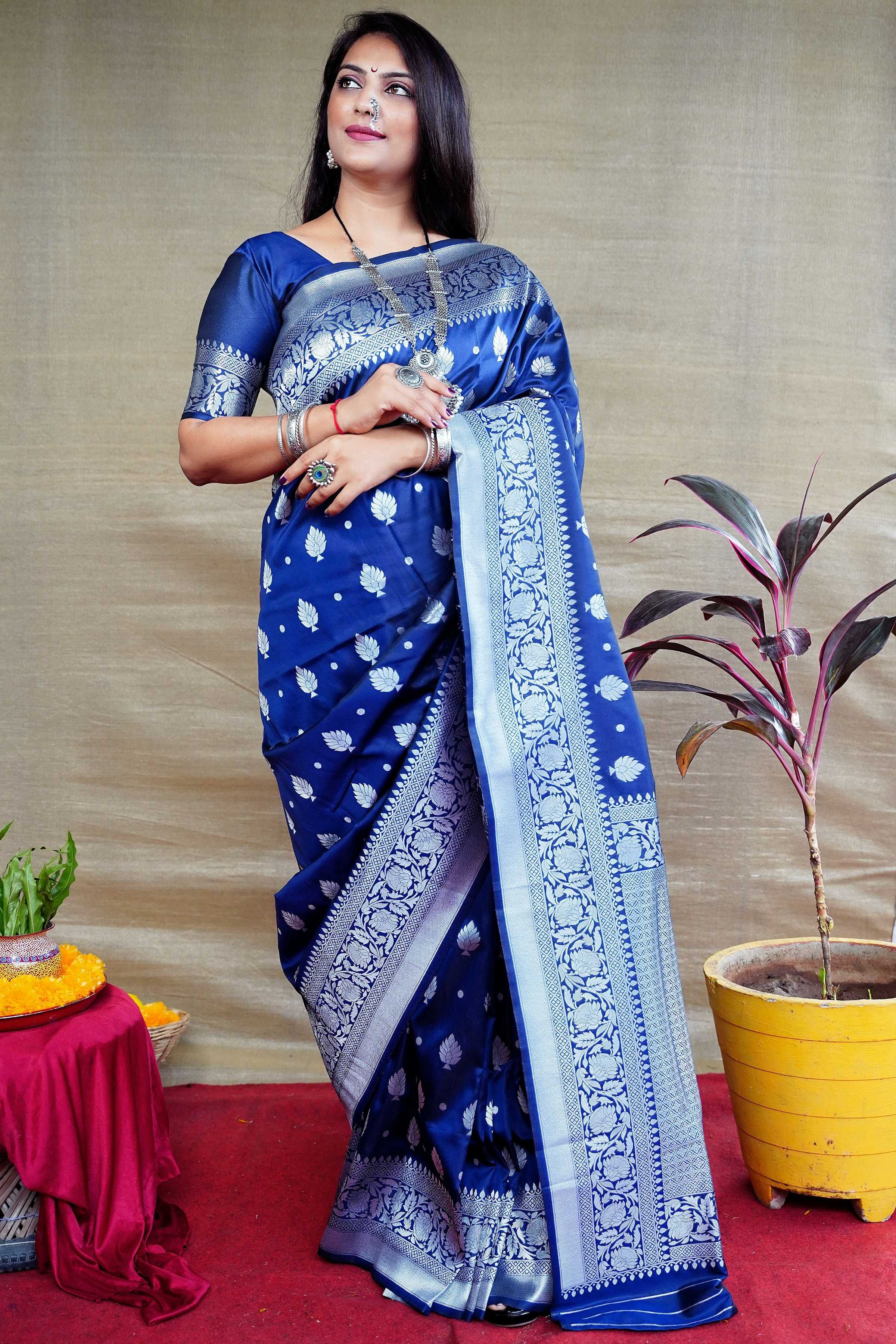 Navy Blue Banarasi silk saree with Zari woven work and matching blouse piece