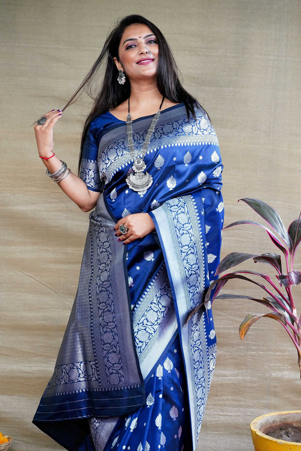 Navy Blue Soft Banarasi Silk Saree with Zari Woven Border & Blouse