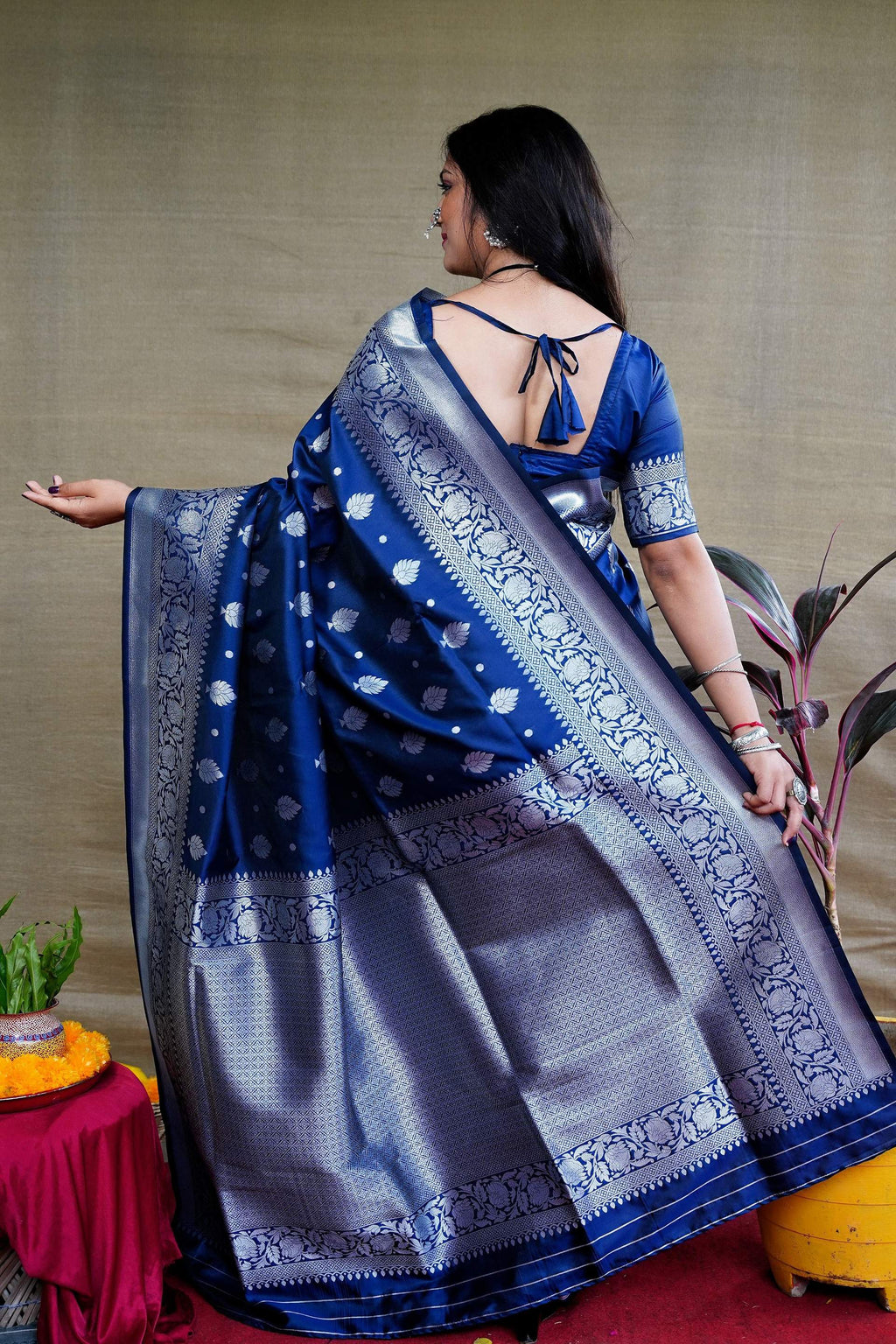 Navy Blue Soft Banarasi Silk Saree with Zari Woven Border & Blouse