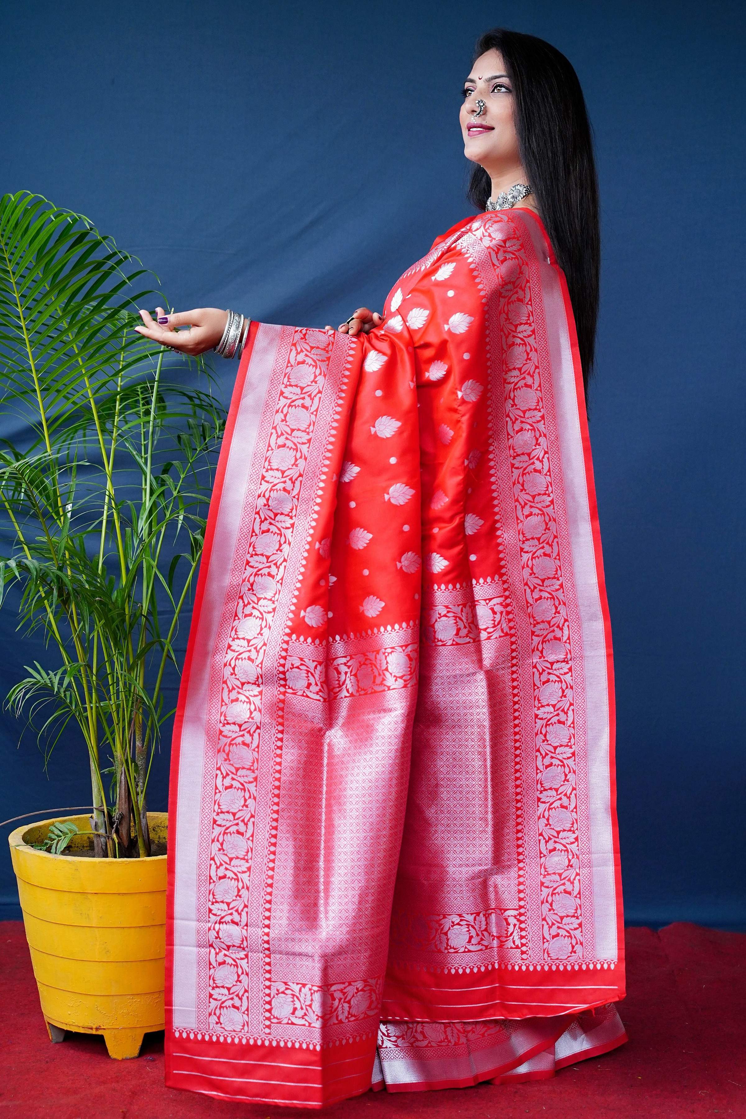 Red Soft Banarasi Silk Saree with Zari Woven Border and Blouse