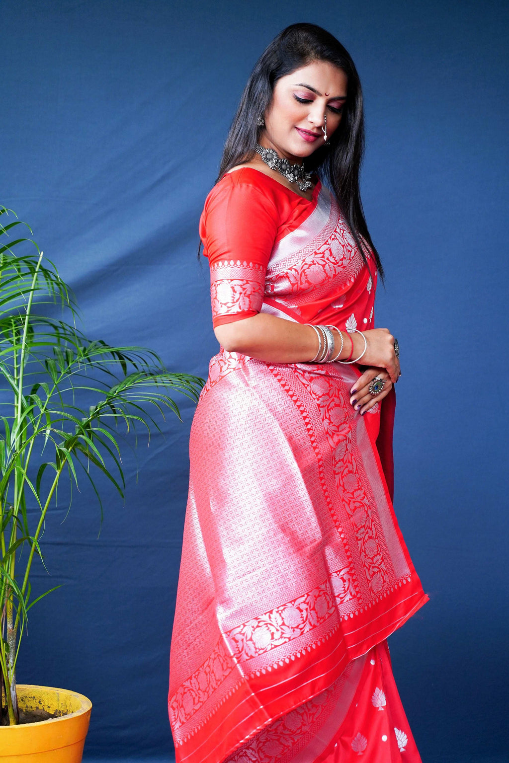 Red Soft Banarasi Silk Saree with Zari Woven Border and Blouse