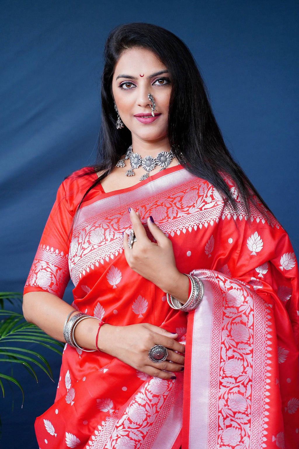 Red Soft Banarasi Silk Saree with Zari Woven Border and Blouse