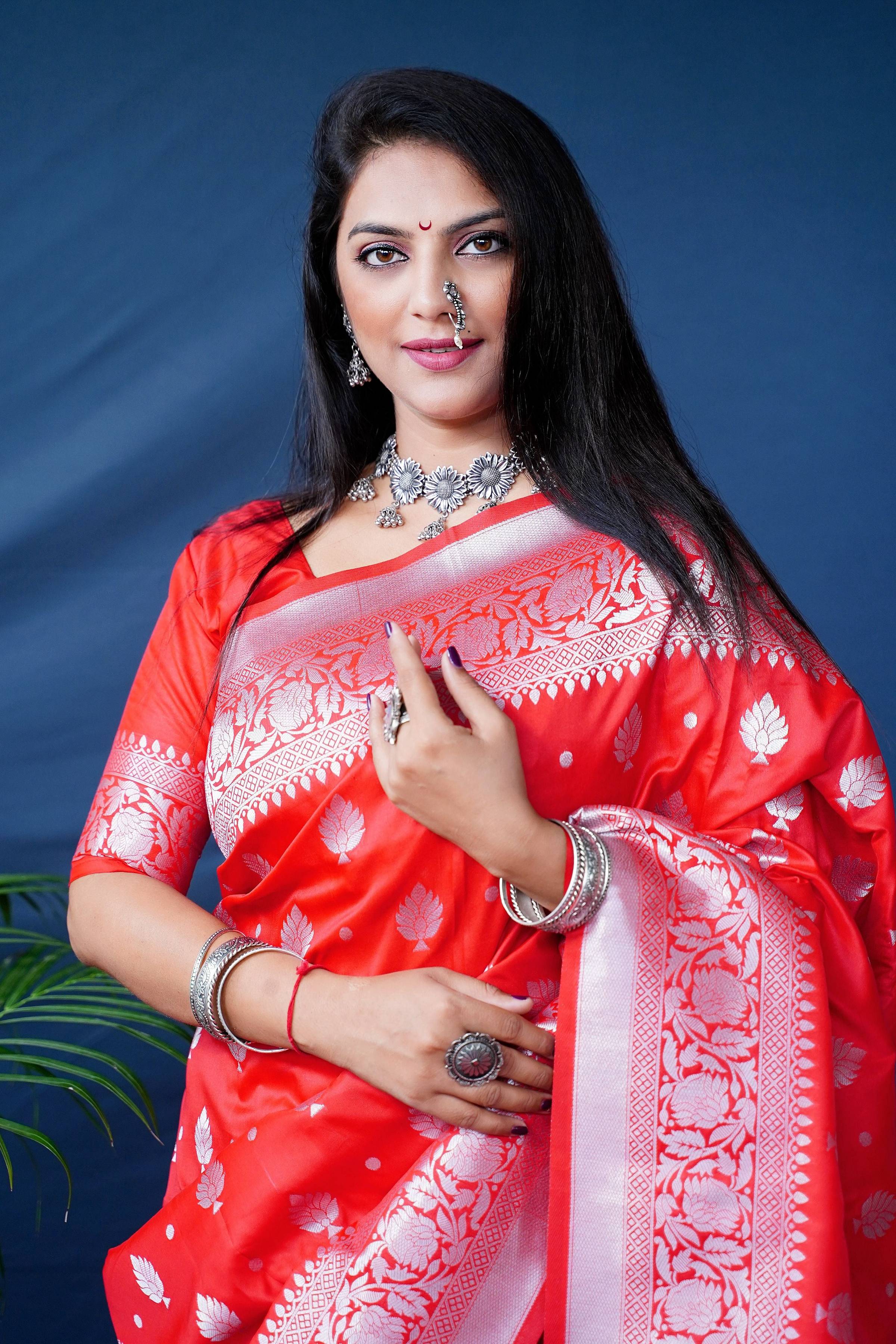 Red Soft Banarasi Silk Saree with Zari Woven Border and Blouse