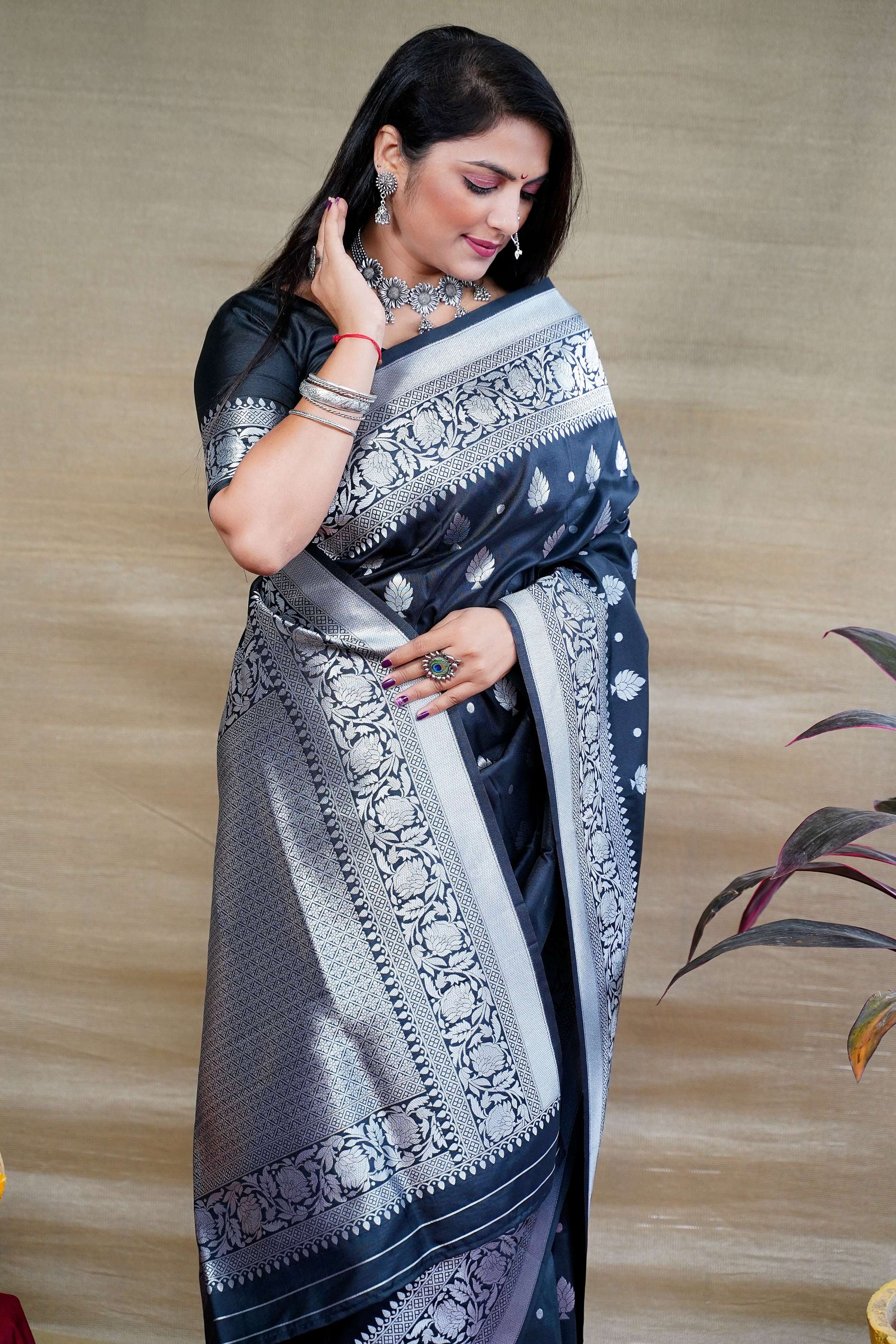 Black Soft Banarasi Silk Saree with Zari Woven Border & Blouse