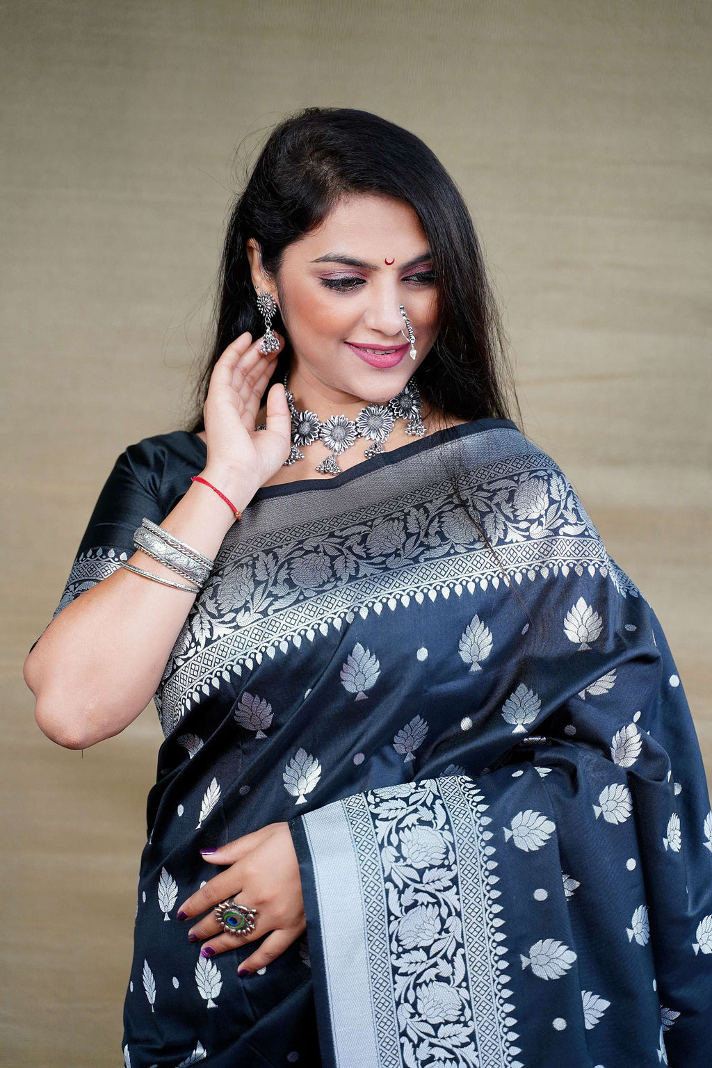 Black Soft Banarasi Silk Saree with Zari Woven Border & Blouse