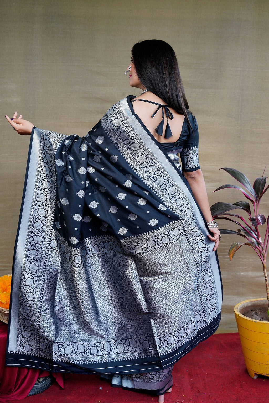 Black Soft Banarasi Silk Saree with Zari Woven Border & Blouse