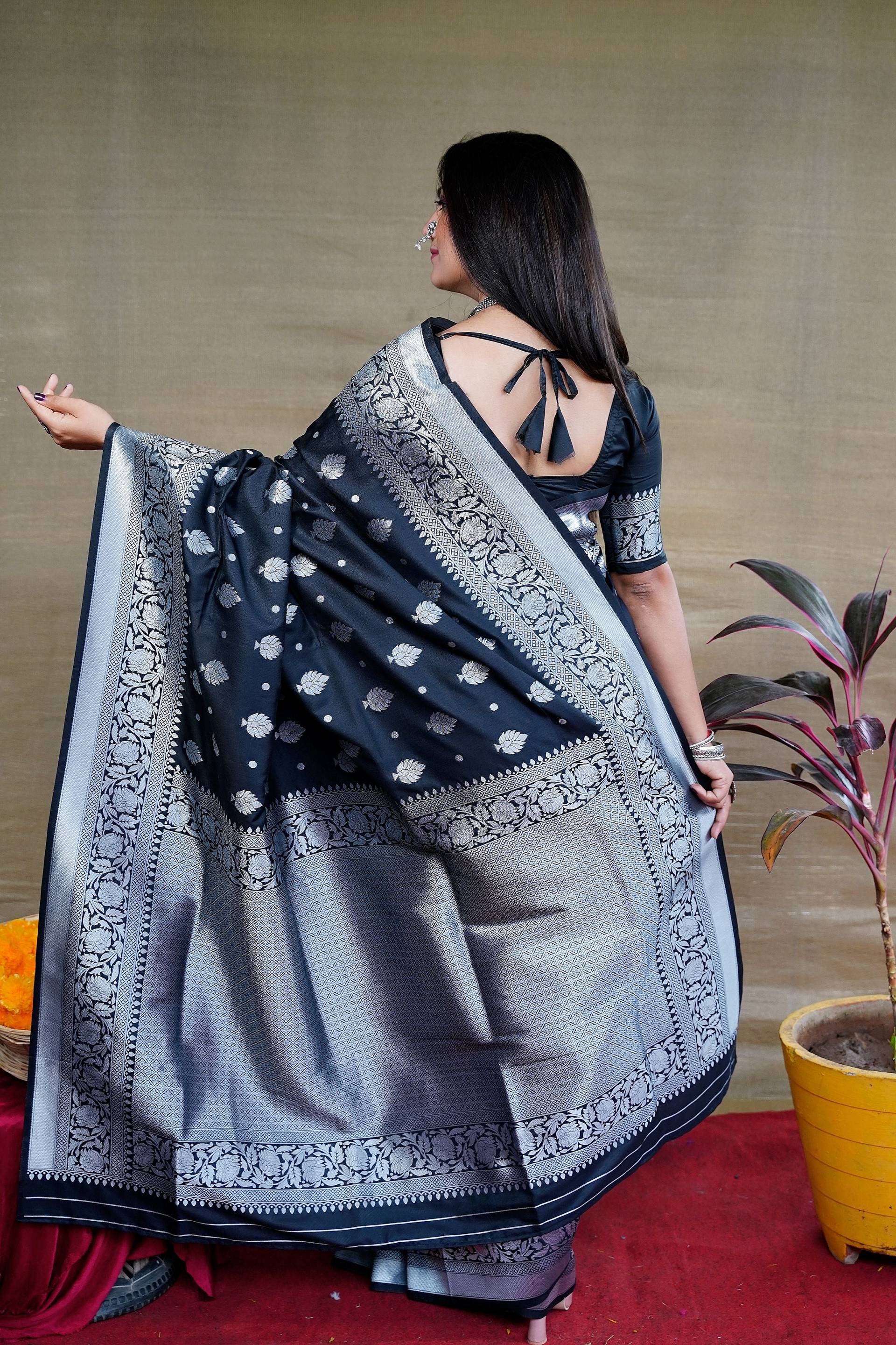 Black Soft Banarasi Silk Saree with Zari Woven Border & Blouse