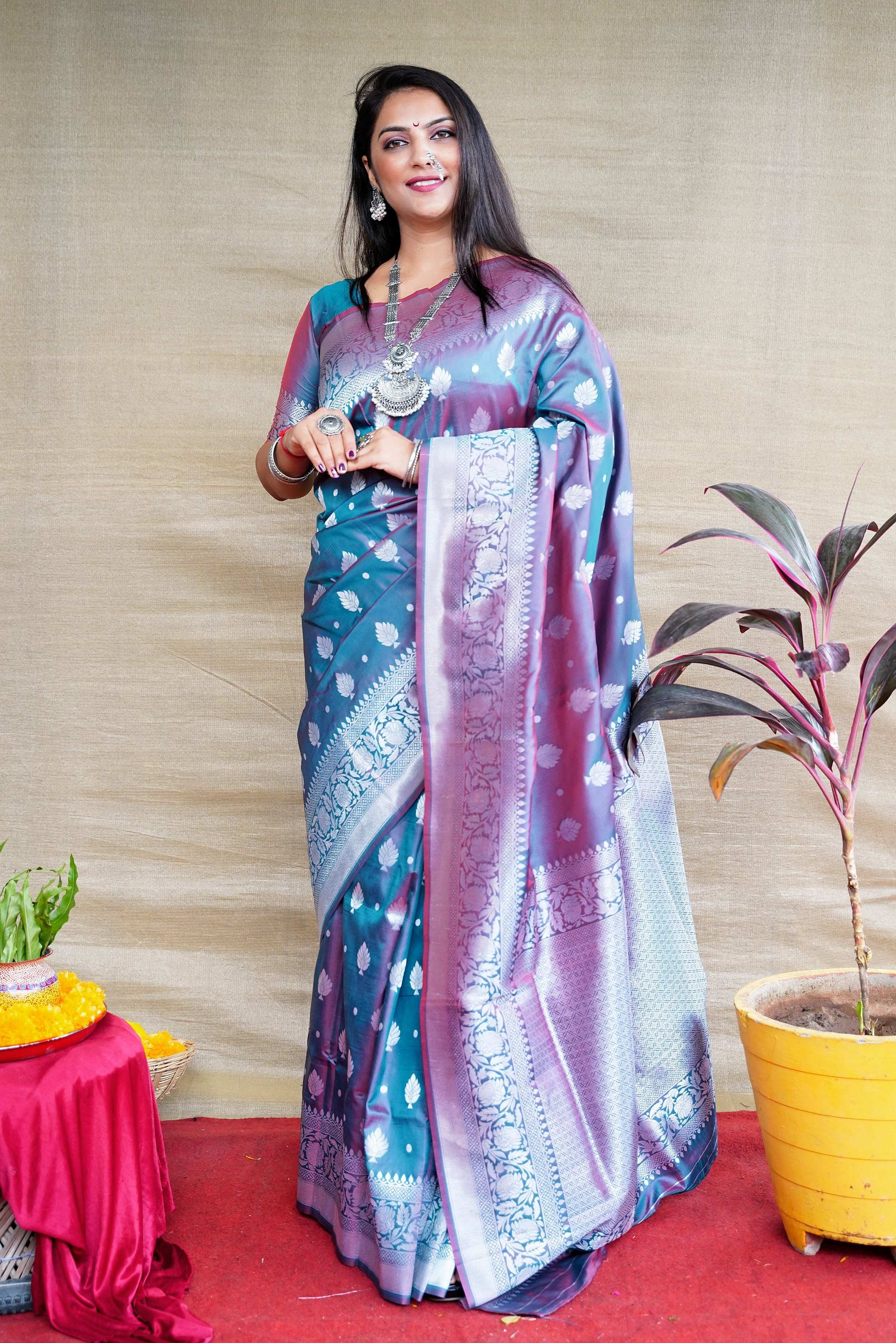 Elegant grey soft Banarasi silk saree with intricate gold zari woven border and matching blouse