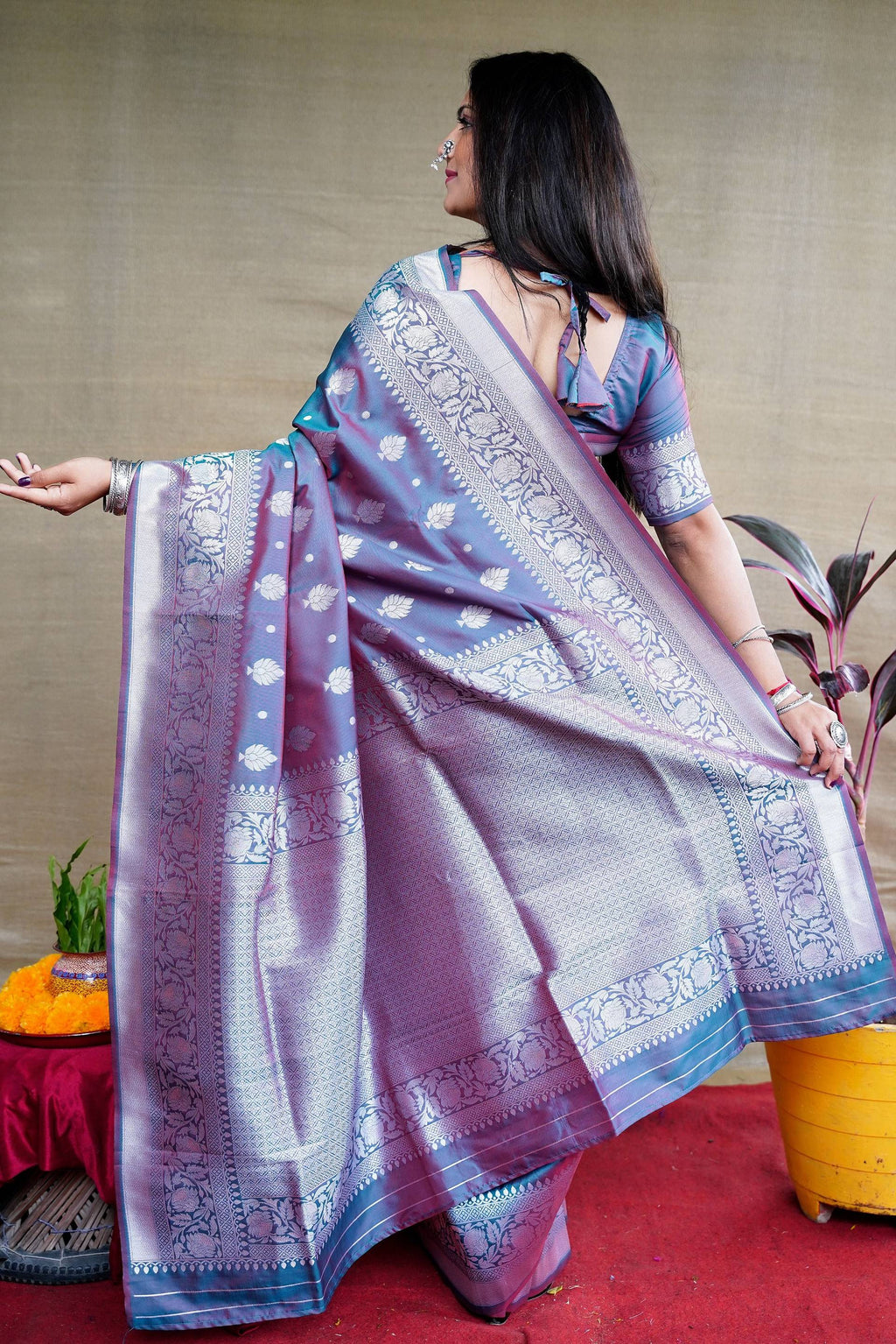 Grey Soft Banarasi Silk Saree with Zari Woven Border & Blouse