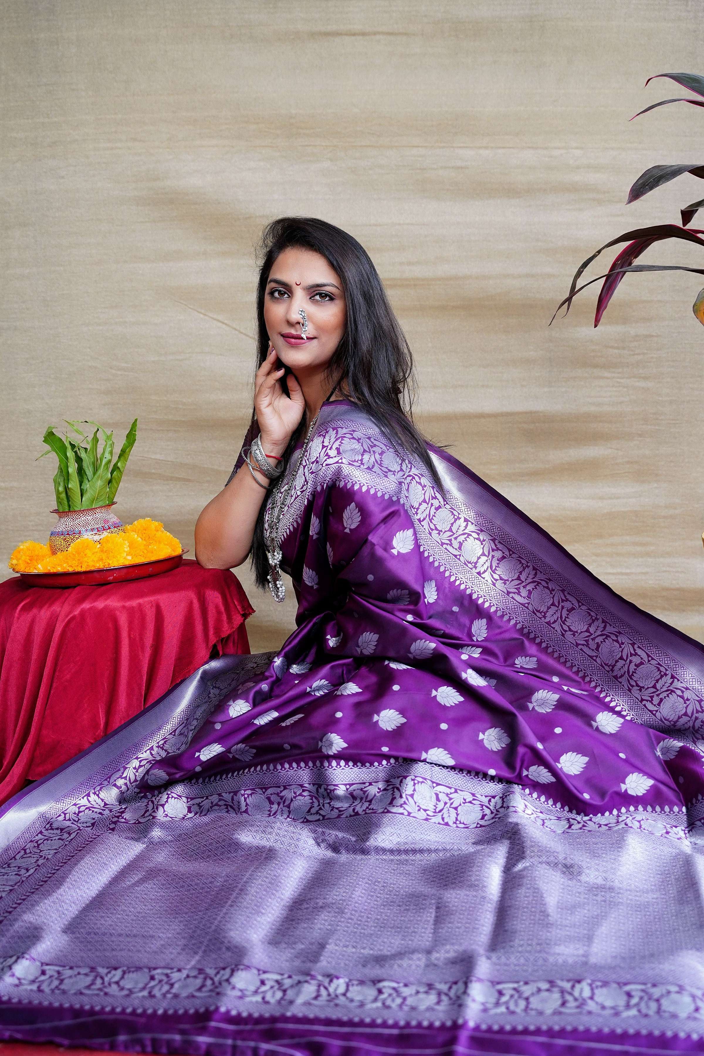 Purple Soft Banarasi Silk Saree with Zari Woven Design & Blouse