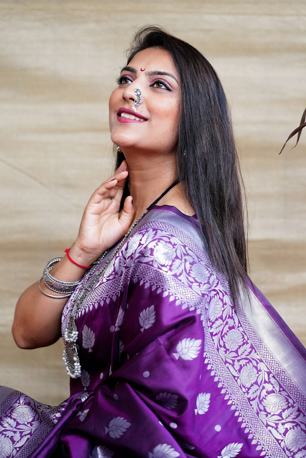 Purple Soft Banarasi Silk Saree with Zari Woven Design & Blouse